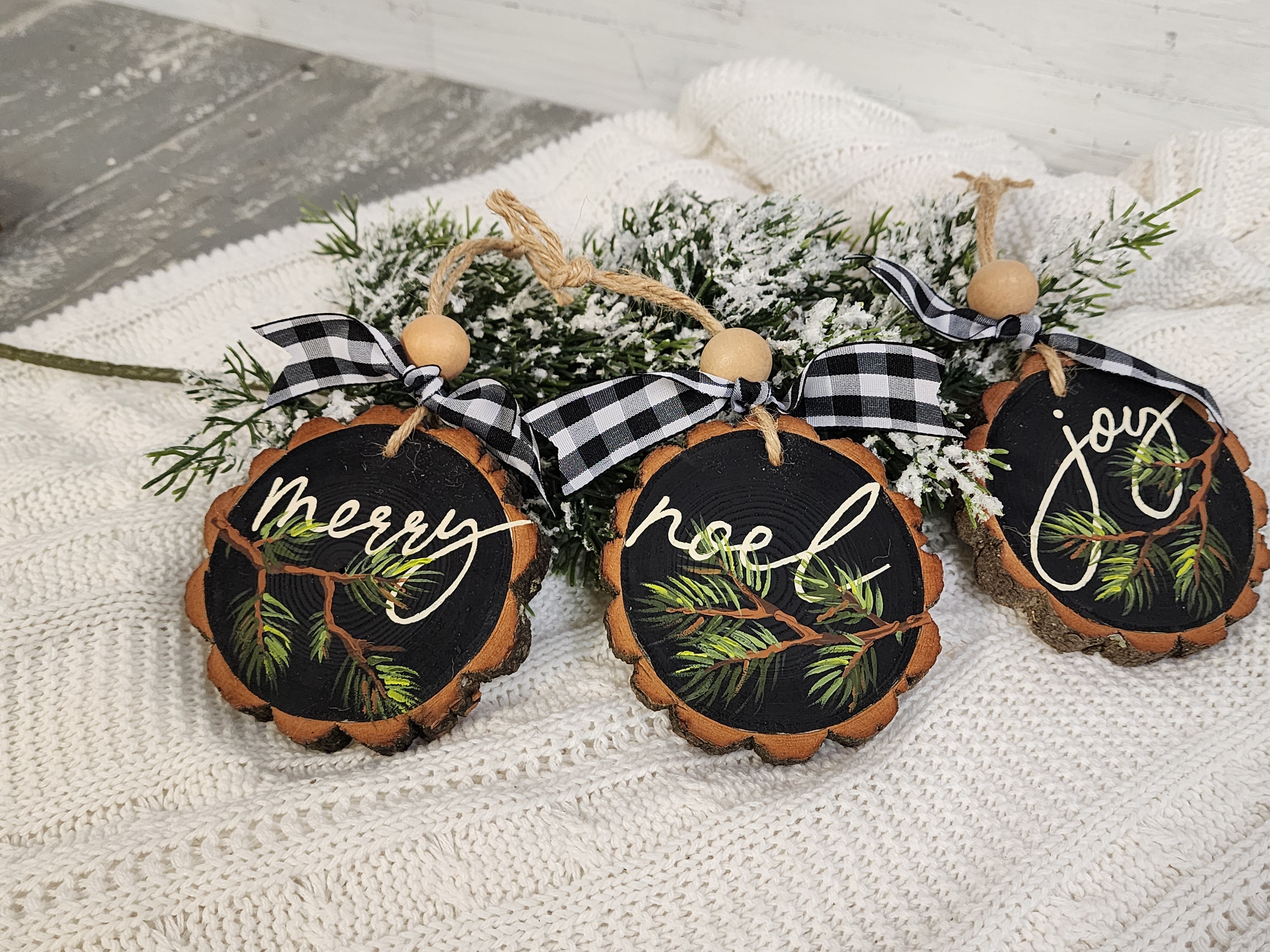 Christmas joy Wood Slice Ornament: natural hand painted pine branches Holiday Decor, Personalized custom Christmas tree decorations