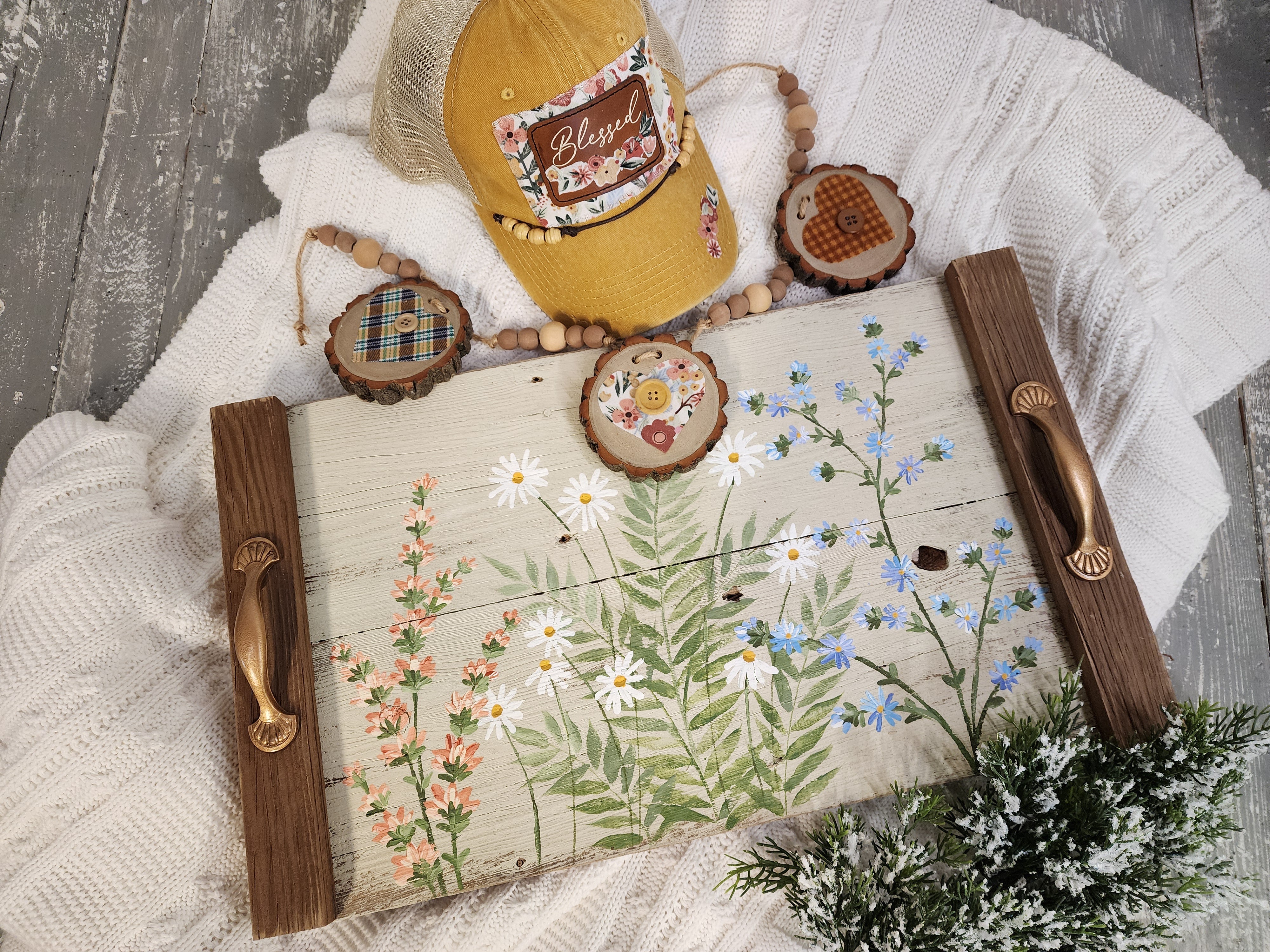 Cozy Christmas gift for her, custom baseball trucker hat, hand painted wildflower wood tray and wood slice garland, gift wrapped