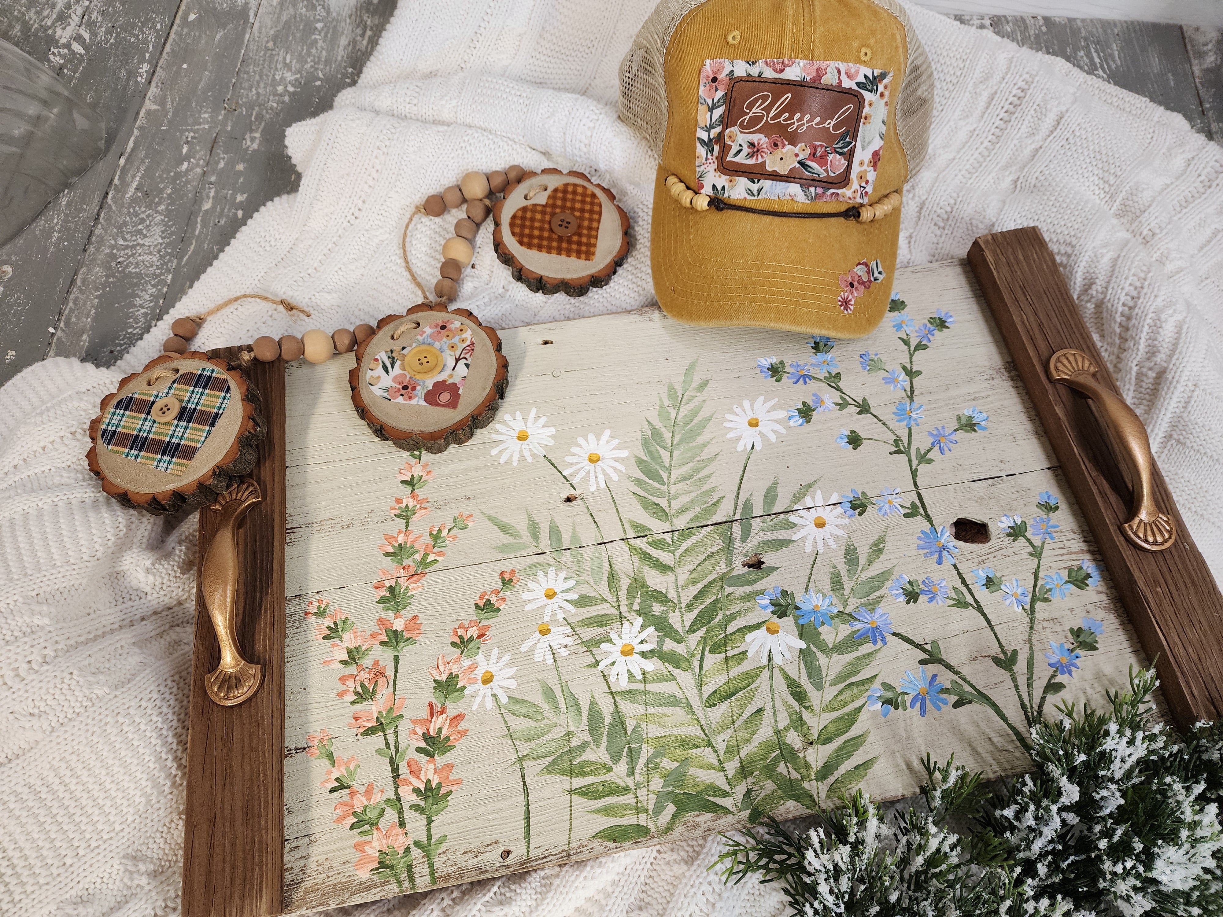 Cozy Christmas gift for her, custom baseball trucker hat, hand painted wildflower wood tray and wood slice garland, gift wrapped