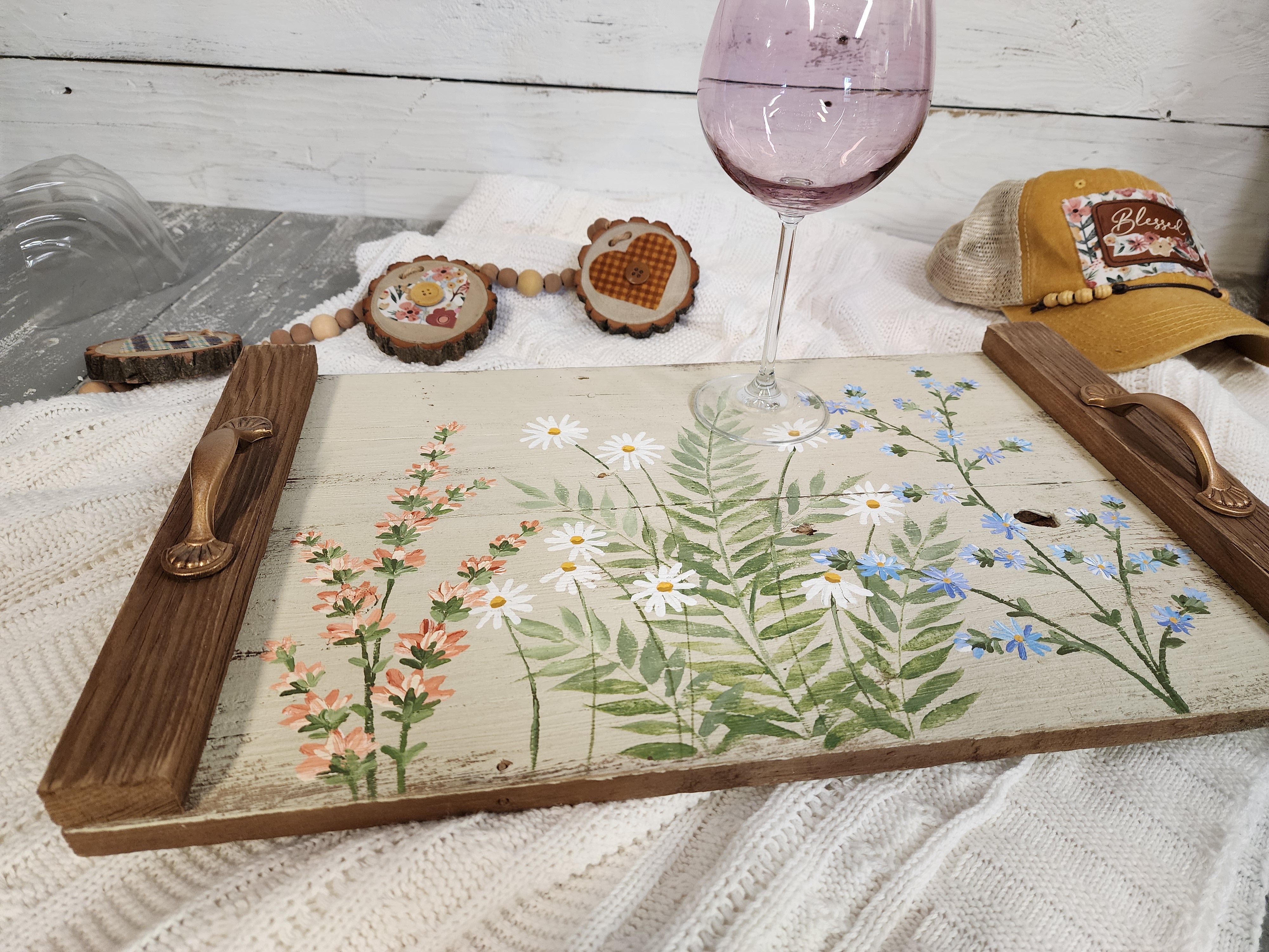 Cozy Christmas gift for her, custom baseball trucker hat, hand painted wildflower wood tray and wood slice garland, gift wrapped