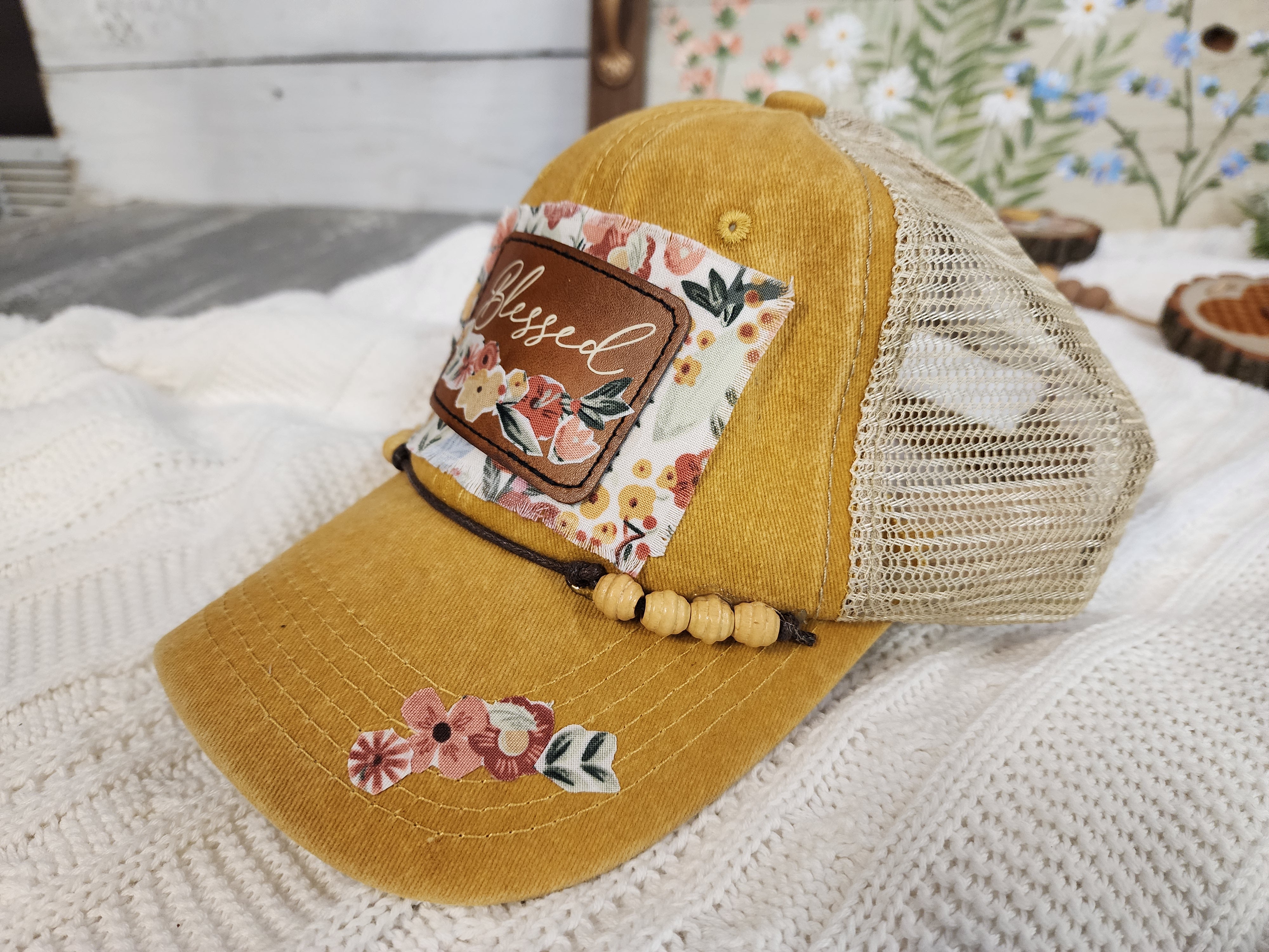 Cozy Christmas gift for her, custom baseball trucker hat, hand painted wildflower wood tray and wood slice garland, gift wrapped