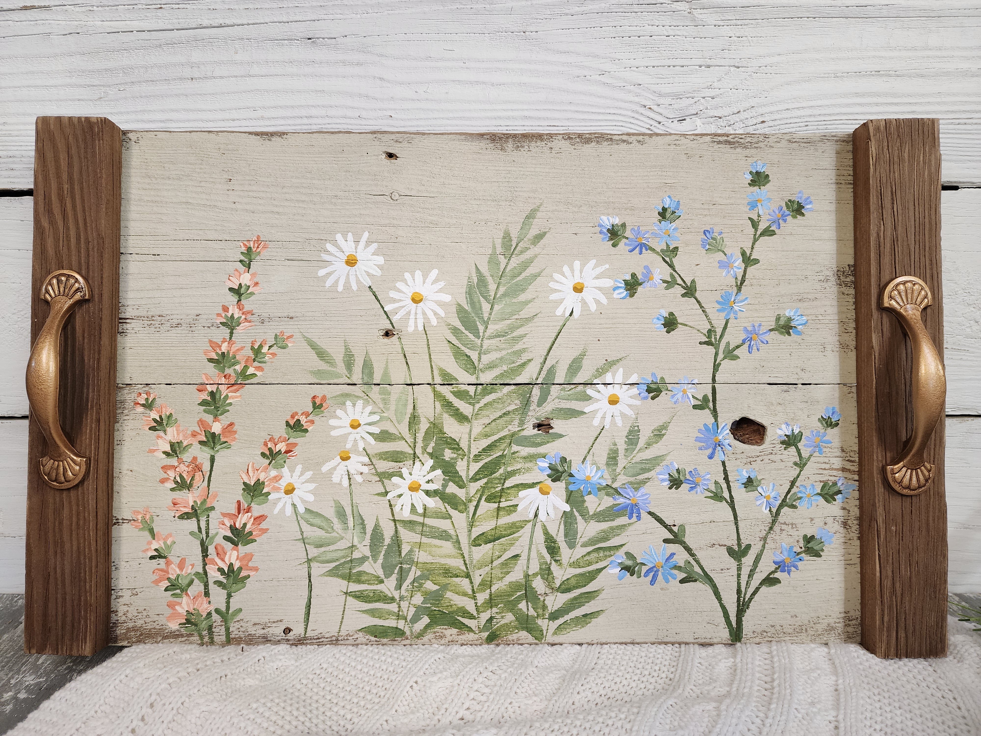 Cozy Christmas gift for her, custom baseball trucker hat, hand painted wildflower wood tray and wood slice garland, gift wrapped