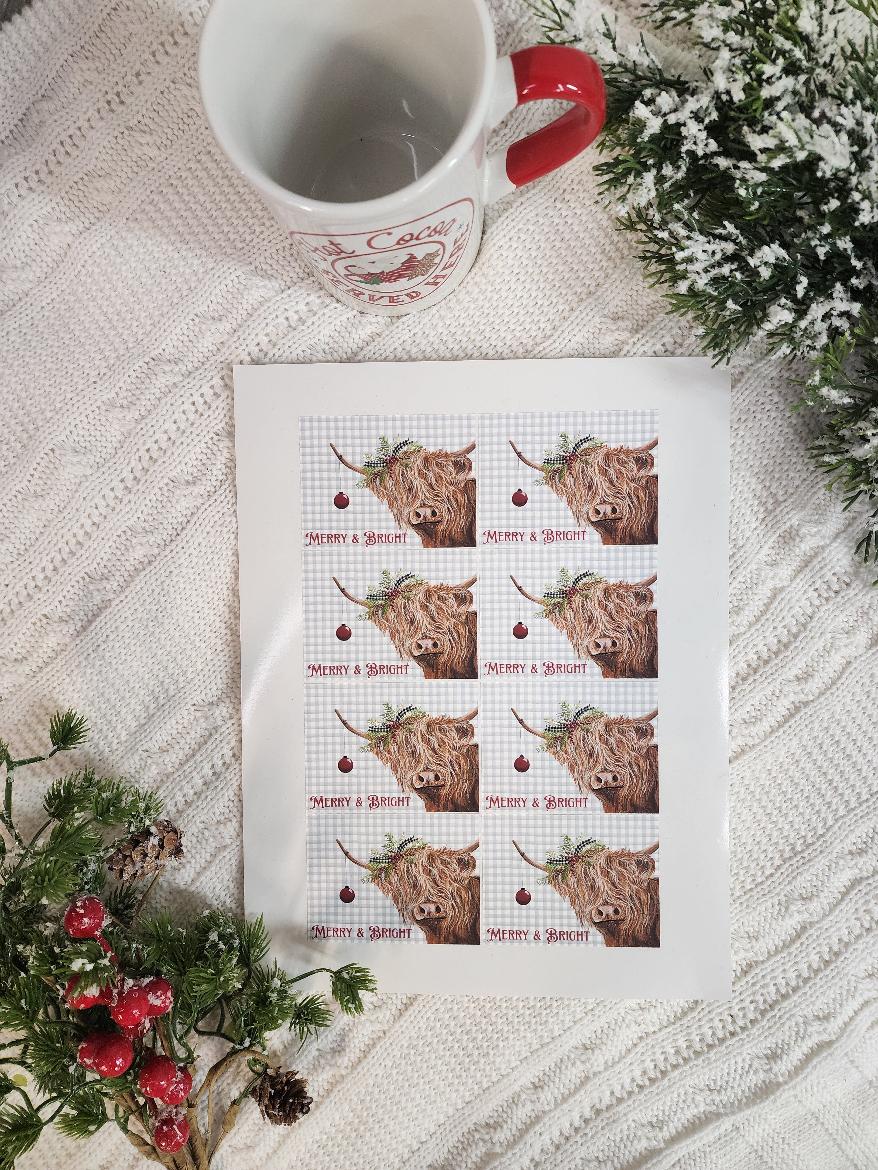 Christmas highland cow stickers, Vinyl artwork sticker sheet, Laptop sticker, Holiday card seal, Merry & Bright gray buffalo plaid