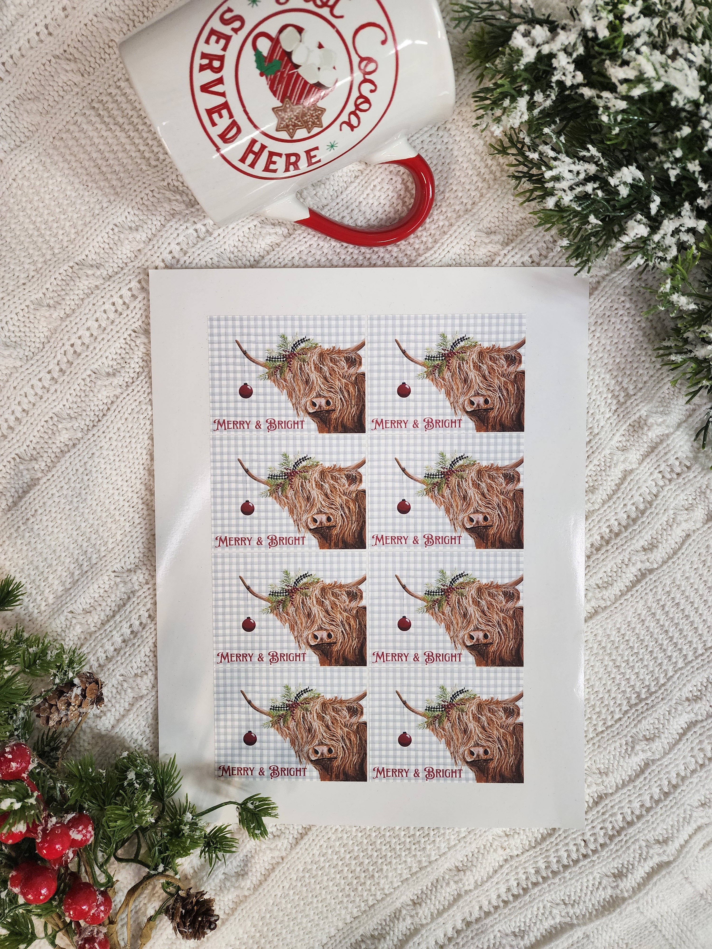 Christmas highland cow stickers, Vinyl artwork sticker sheet, Laptop sticker, Holiday card seal, Merry & Bright gray buffalo plaid