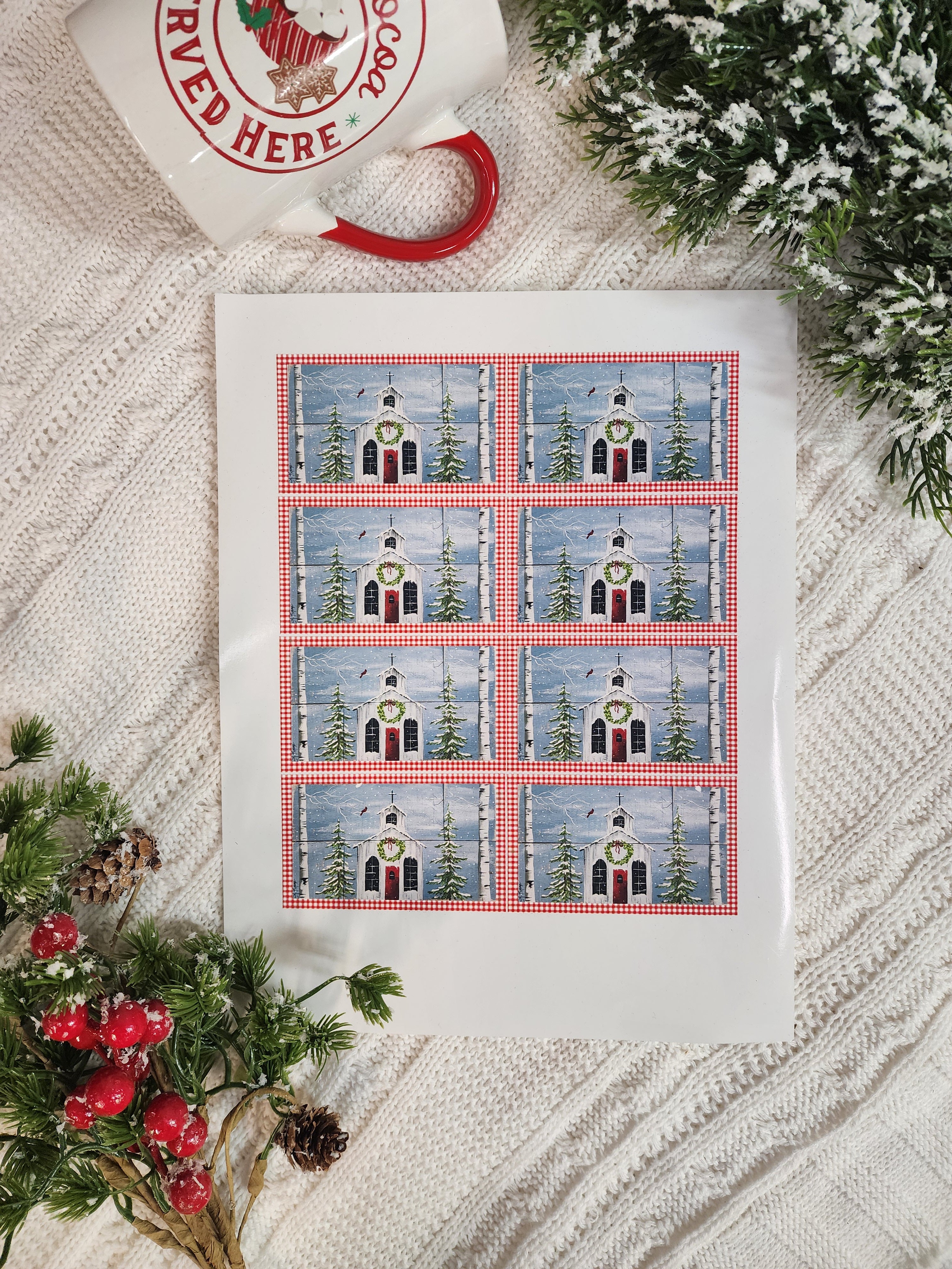 Christmas church stickers, Vinyl artwork sticker sheet, Laptop decorative sticker, Holiday card seal, red Christmas cardinal