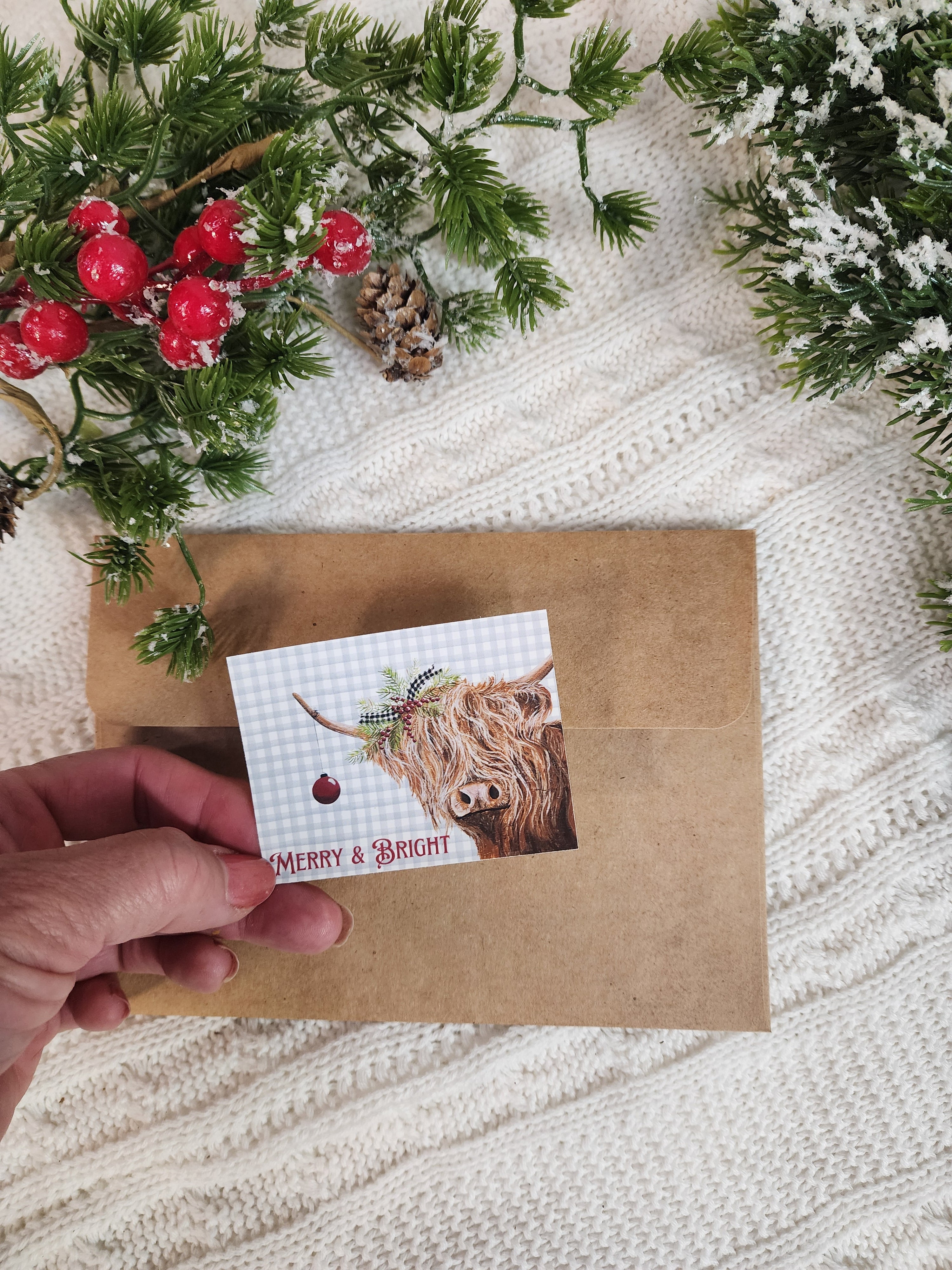 Christmas highland cow stickers, Vinyl artwork sticker sheet, Laptop sticker, Holiday card seal, Merry & Bright gray buffalo plaid