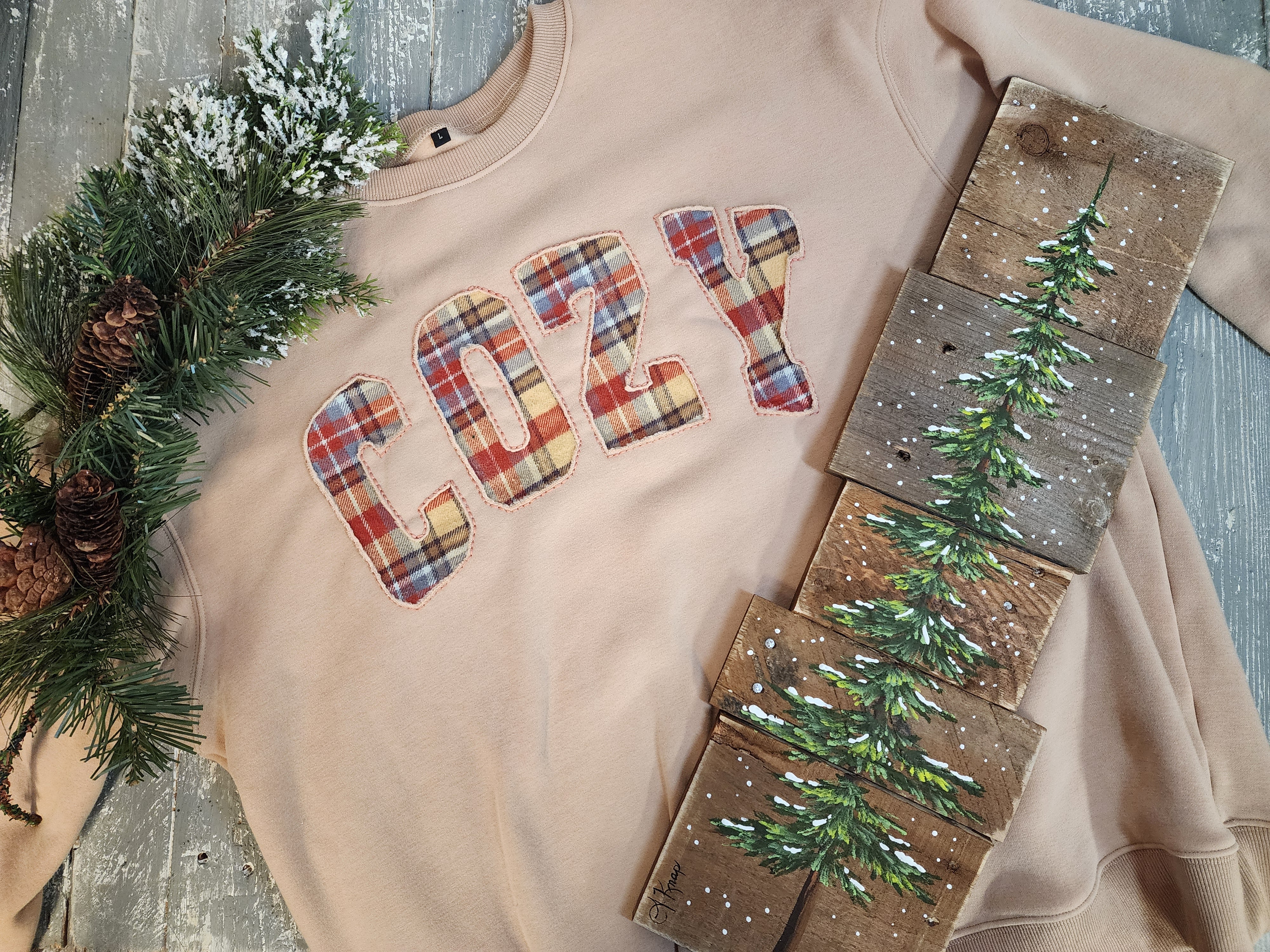 Cozy soft Christmas gift for her, handmade flannel embroidery L crew, hand painted snowy pine tree, gift wrapped, gift set