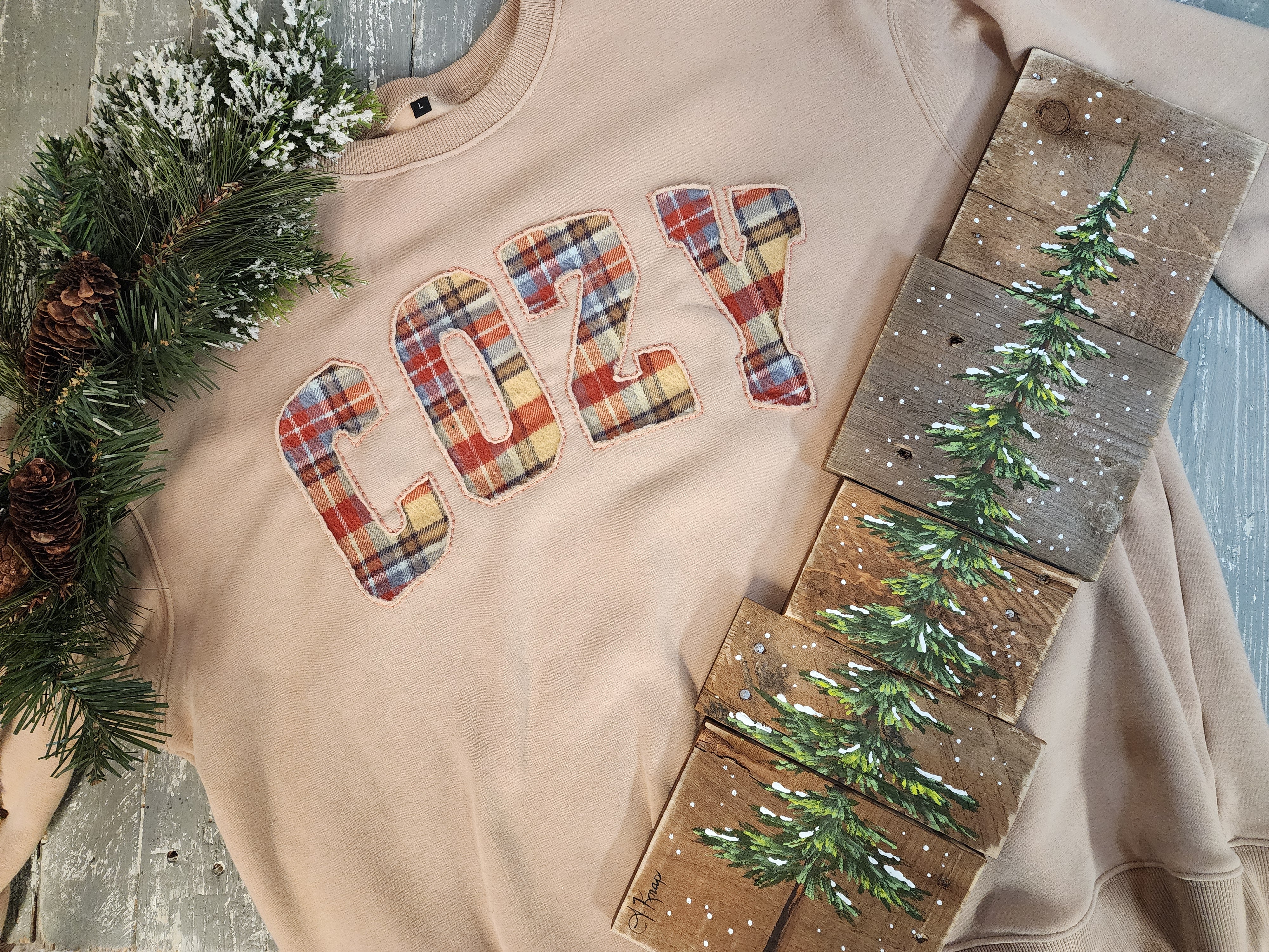 Cozy soft Christmas gift for her, handmade flannel embroidery L crew, hand painted snowy pine tree, gift wrapped, gift set