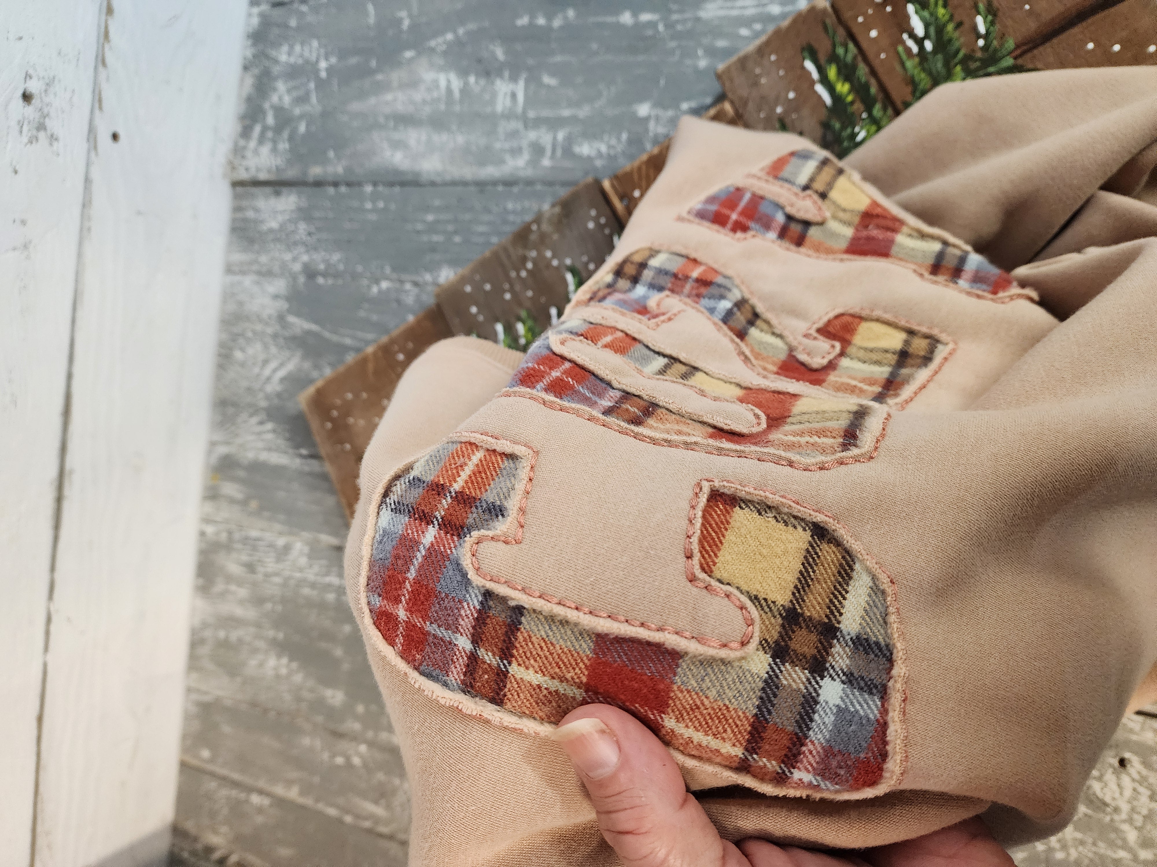 Cozy soft Christmas gift for her, handmade flannel embroidery L crew, hand painted snowy pine tree, gift wrapped, gift set