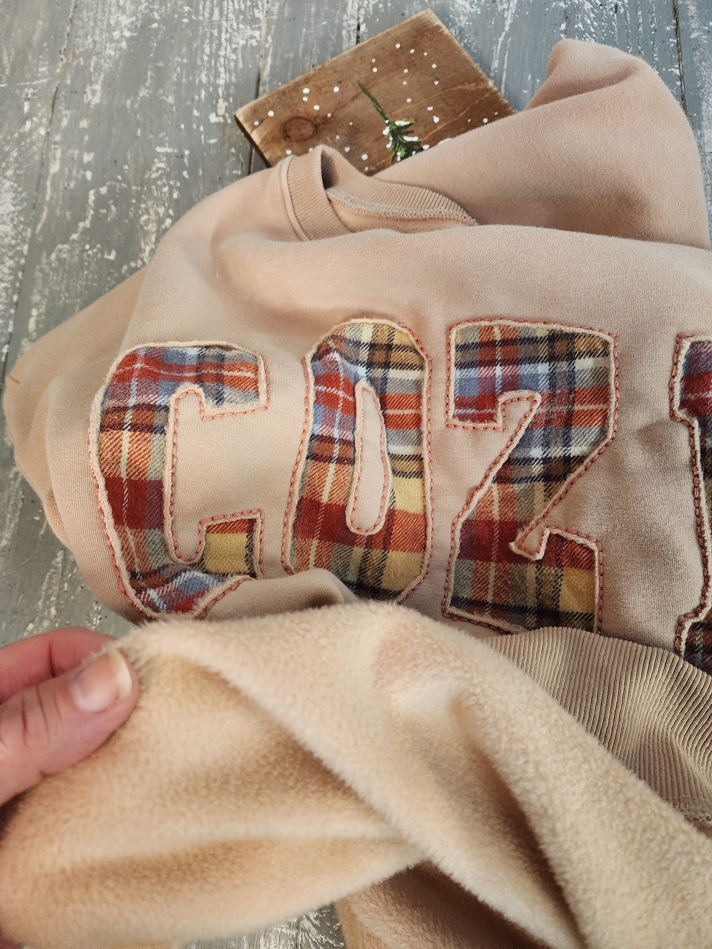 Cozy soft Christmas gift for her, handmade flannel embroidery L crew, hand painted snowy pine tree, gift wrapped, gift set