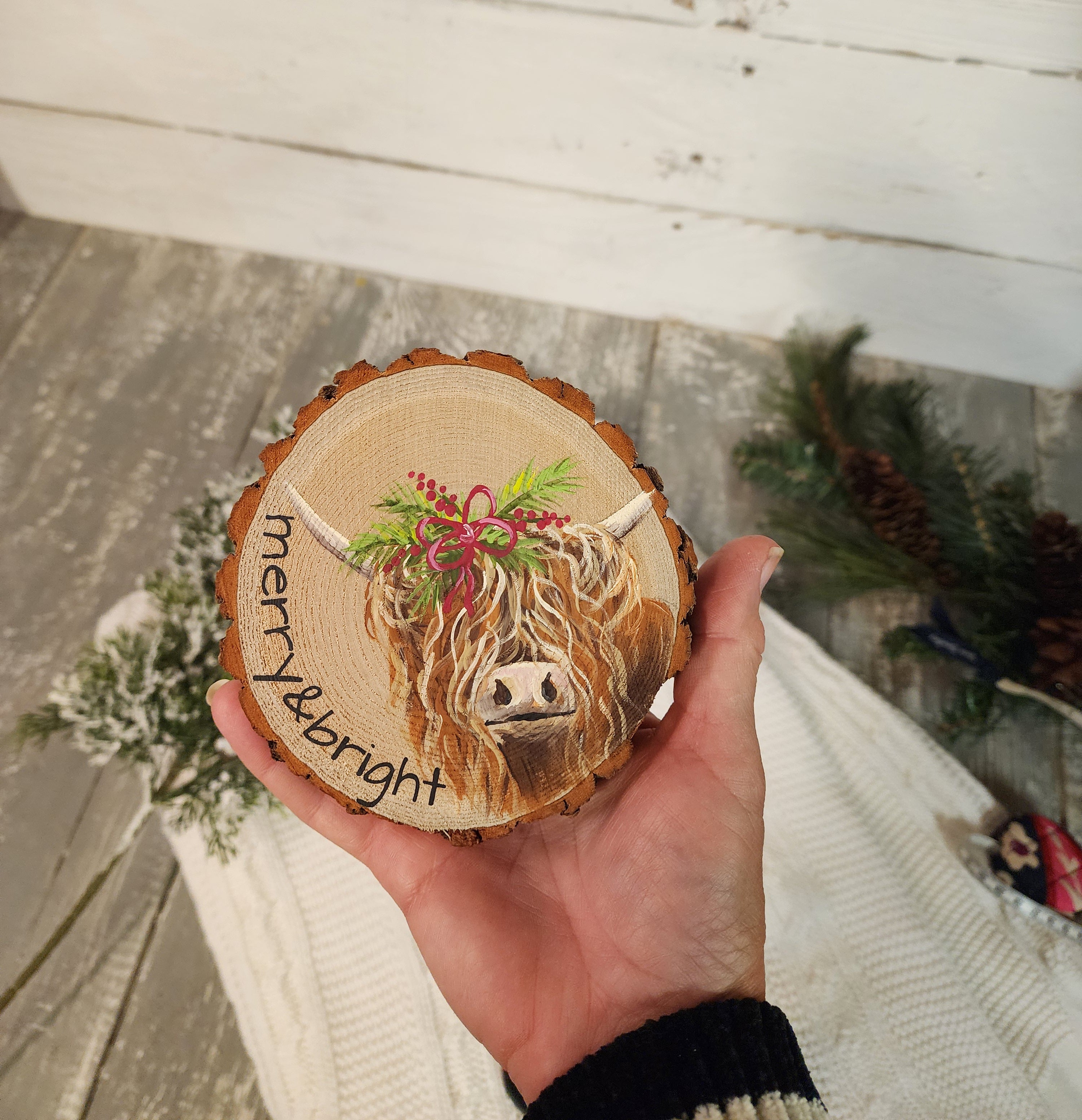 Hand Painted Christmas highland cow Wood Slice display artwork with stand, Farmhouse Holiday Decor, Personalized custom Christmas decor