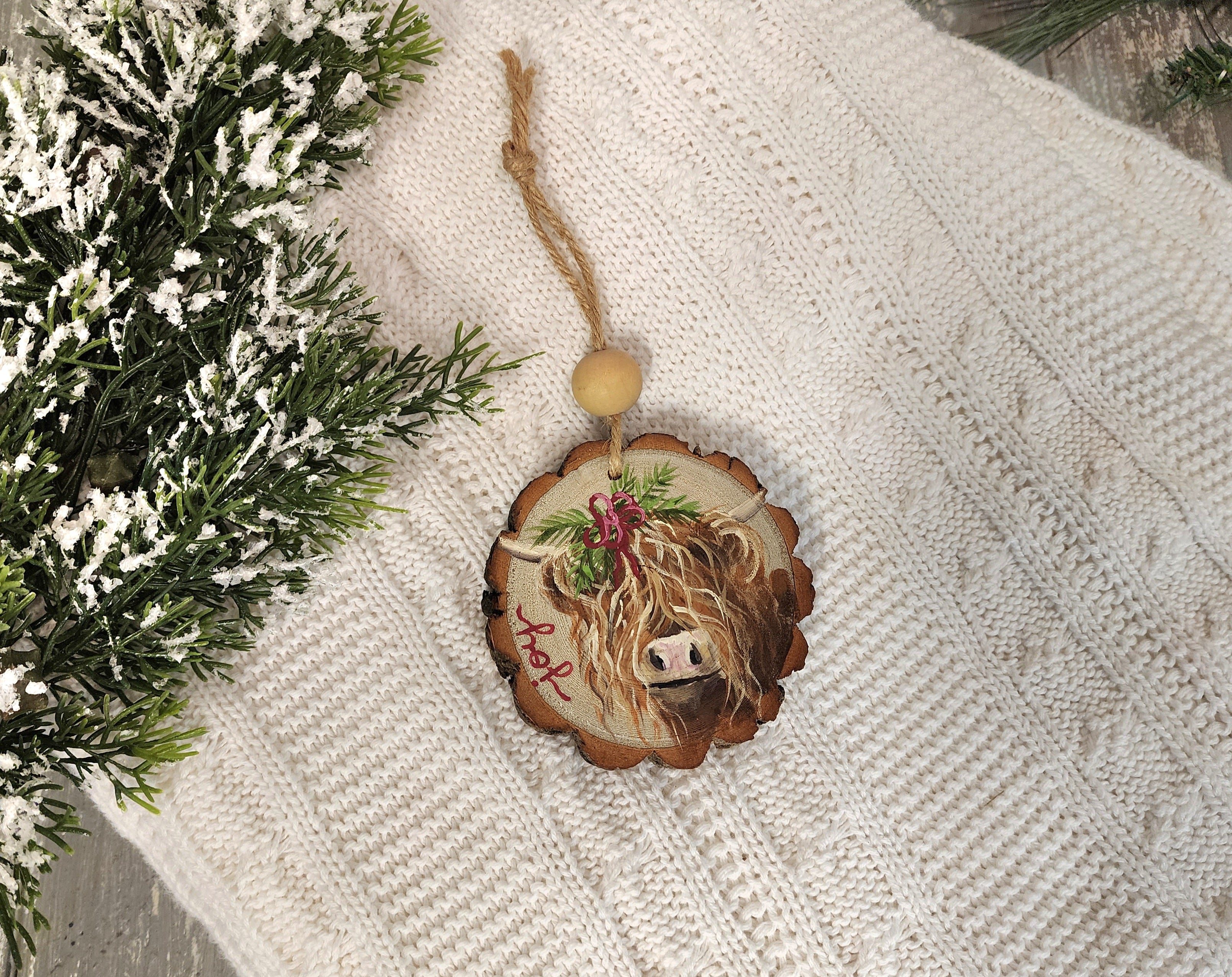 Hand-Painted Christmas highland cow "joy" Wood Slice Ornament, Farmhouse Holiday Decor, Personalized custom Christmas tree decoration