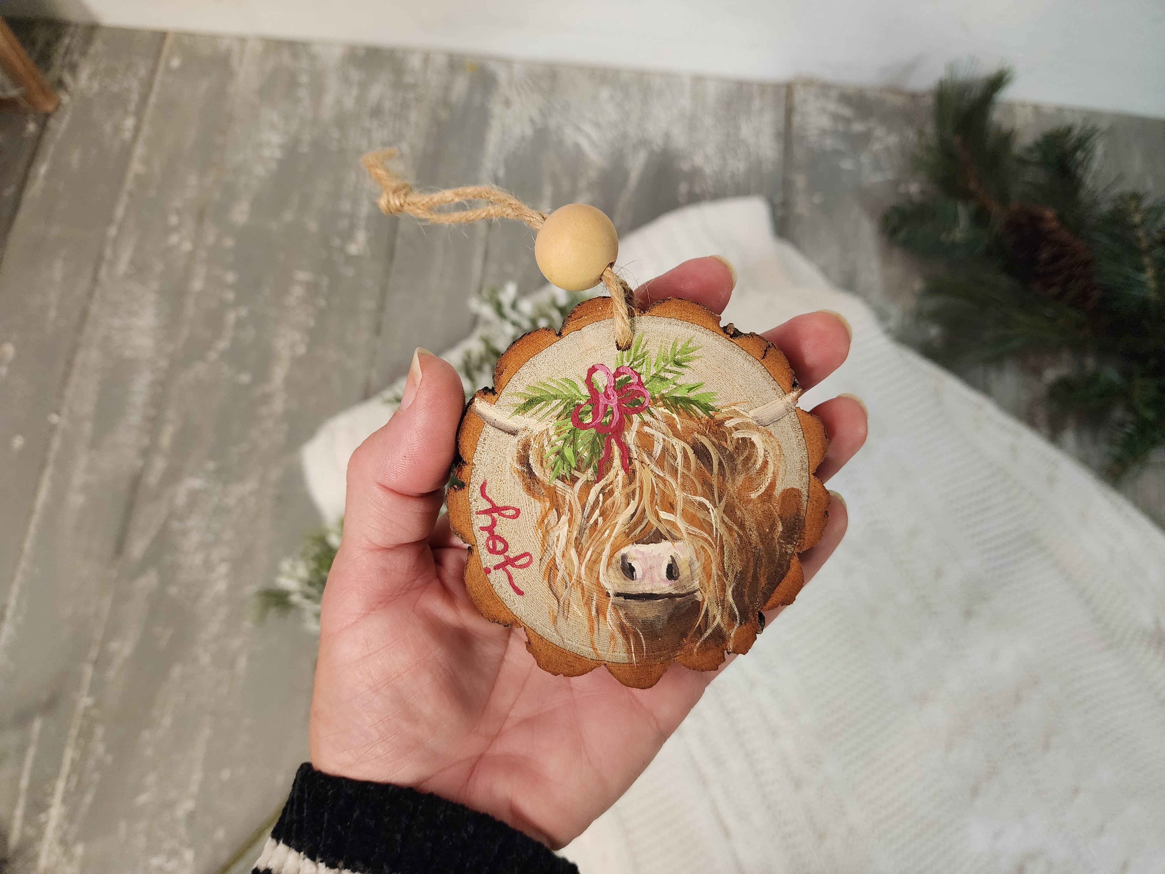 Hand-Painted Christmas highland cow "joy" Wood Slice Ornament, Farmhouse Holiday Decor, Personalized custom Christmas tree decoration