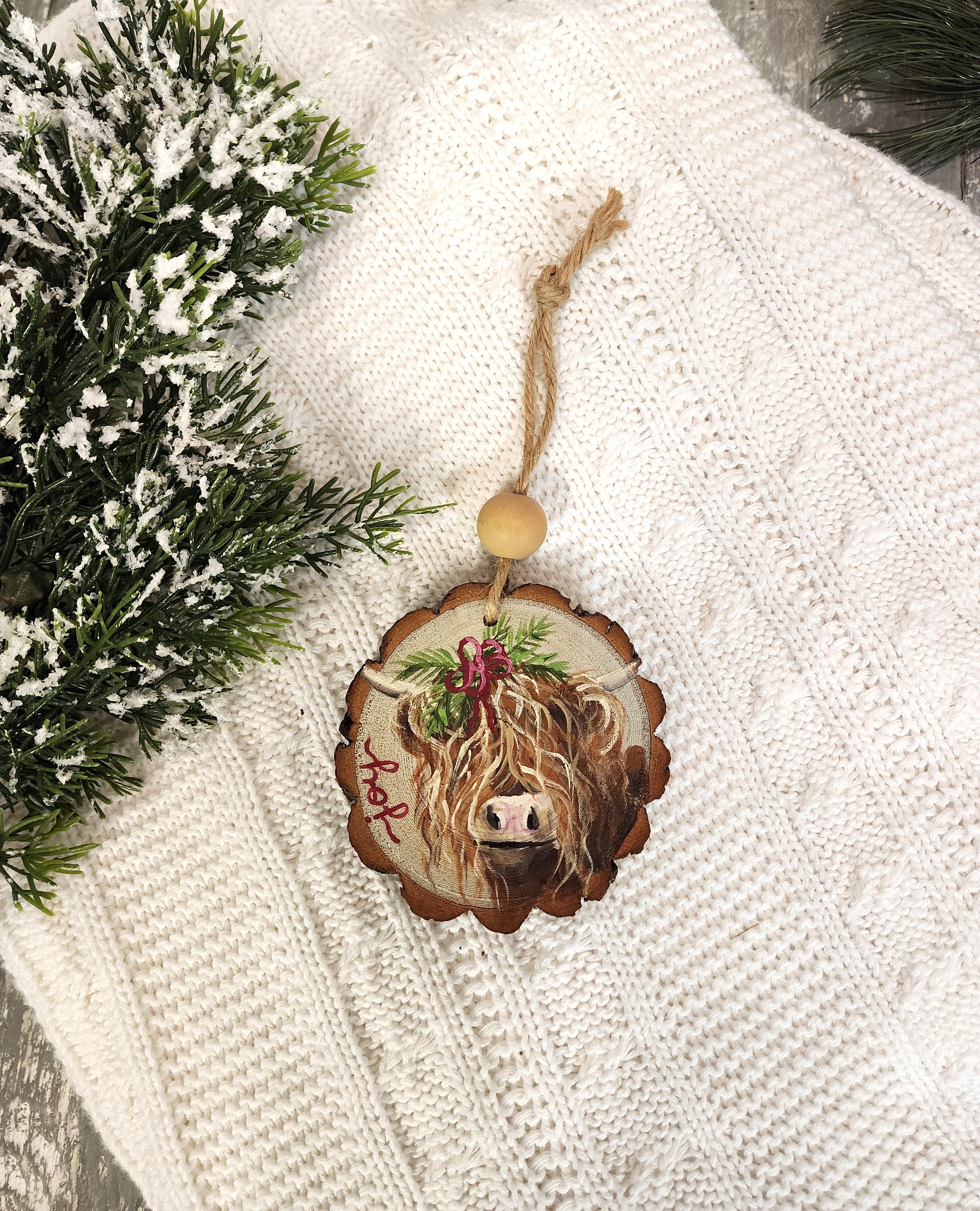 Hand-Painted Christmas highland cow "joy" Wood Slice Ornament, Farmhouse Holiday Decor, Personalized custom Christmas tree decoration