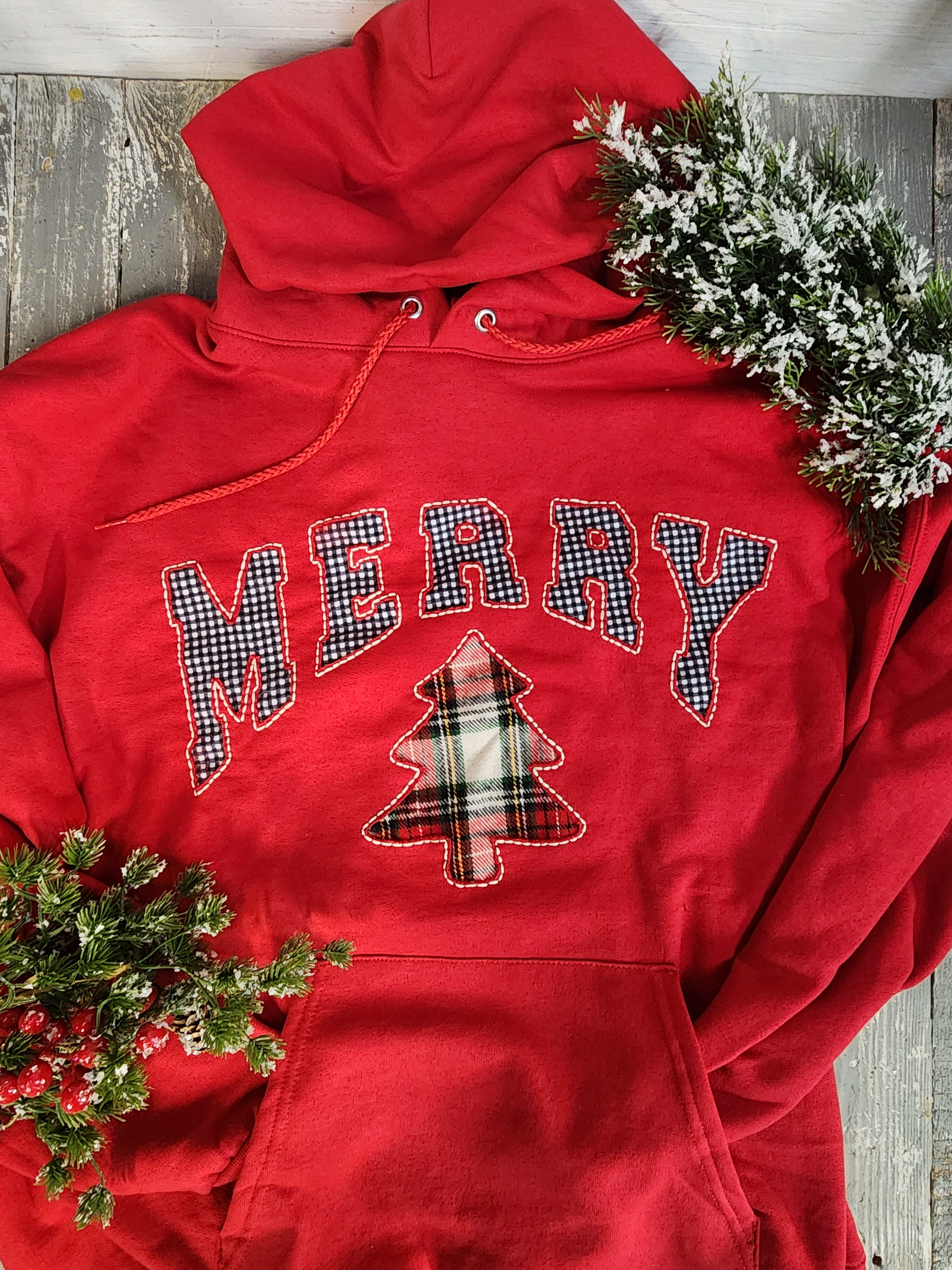 Hand Stitched “MERRY” Christmas XL Red Hoodie, flannel Buffalo Check & Plaid Tree, Cozy Holiday Sweatshirt for her