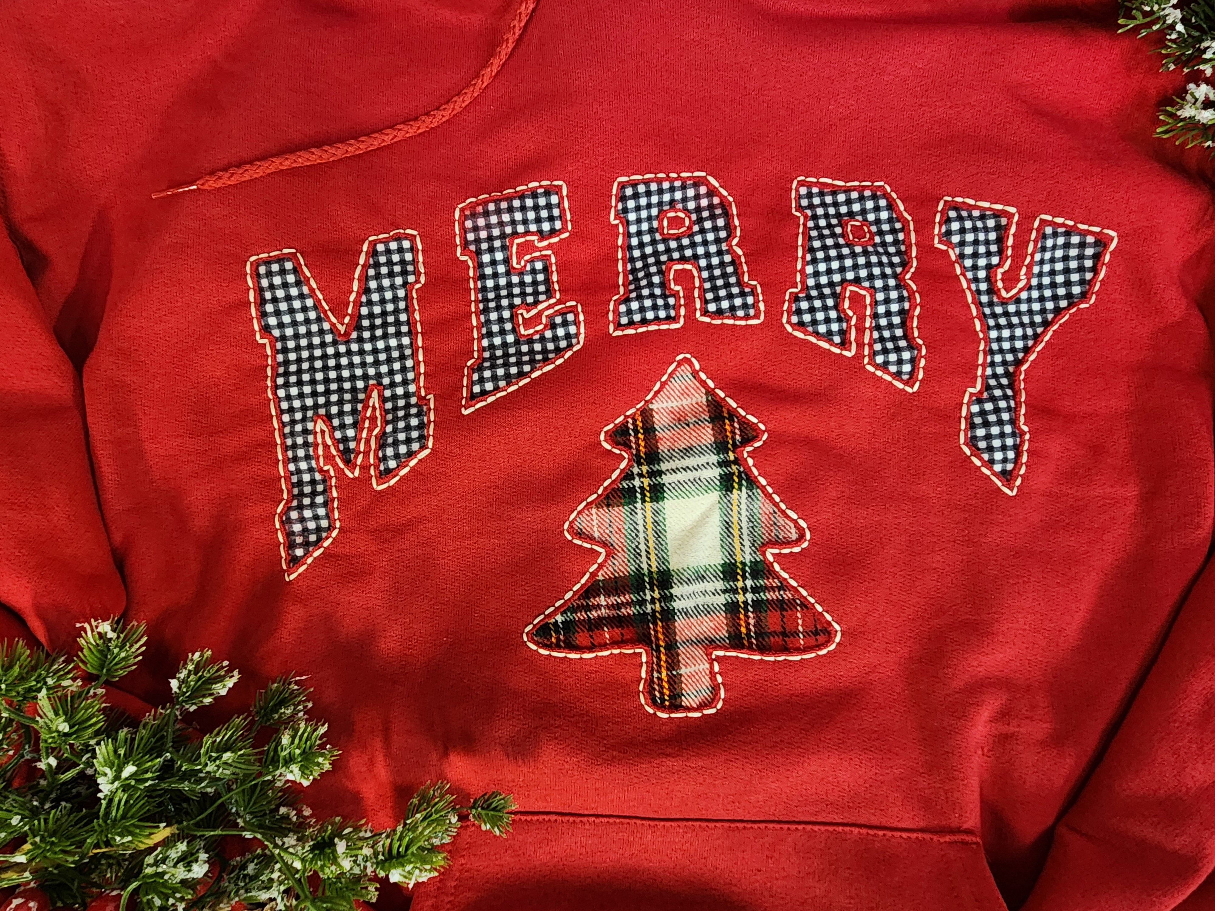 Hand Stitched “MERRY” Christmas XL Red Hoodie, flannel Buffalo Check & Plaid Tree, Cozy Holiday Sweatshirt for her