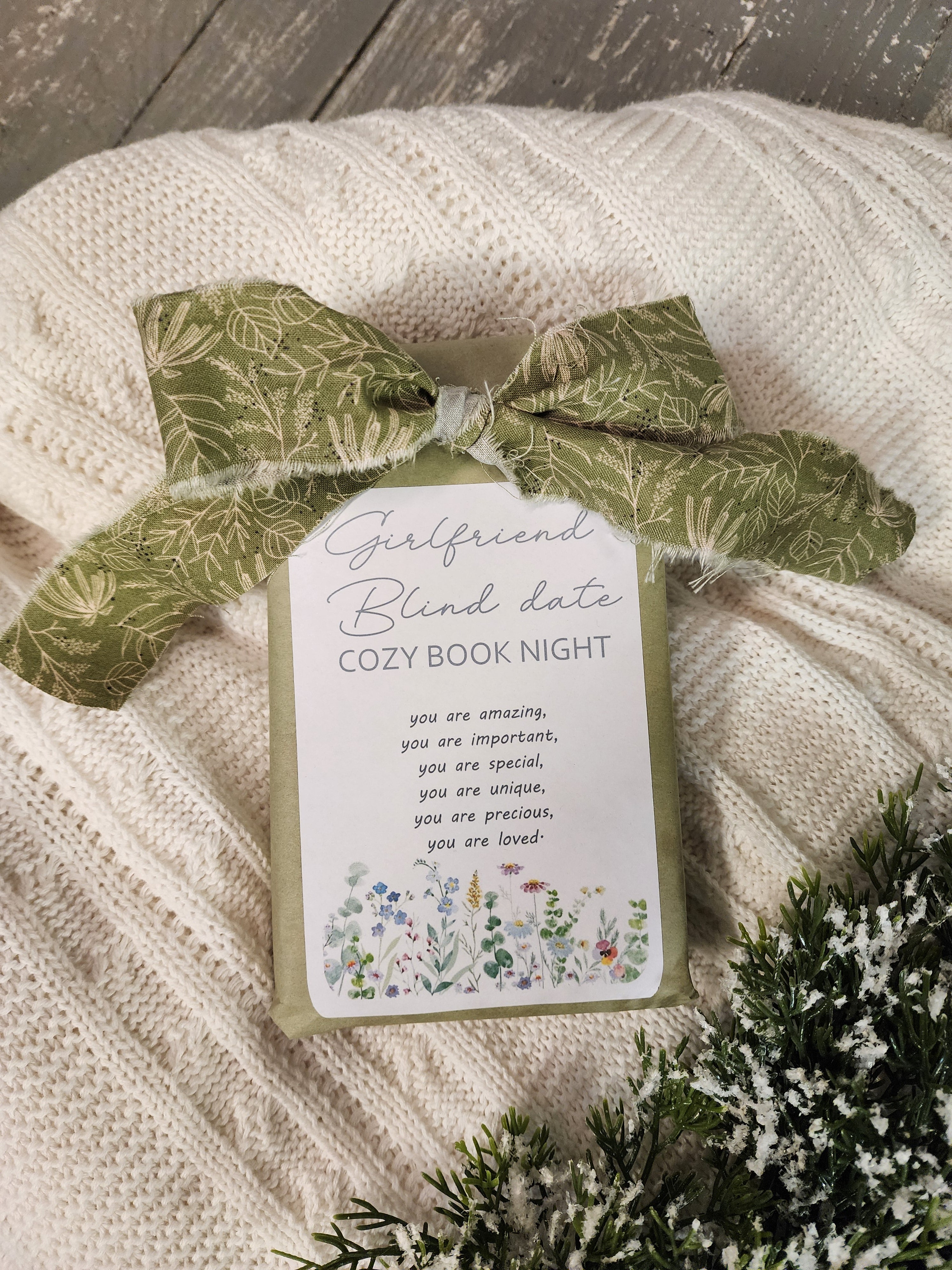 Cozy 3-Piece Gift Set for Her | Surprise blind date Book, Handmade Cedar Charcuterie Board & Lined Tote Bag, Girlfriend gift wrapped