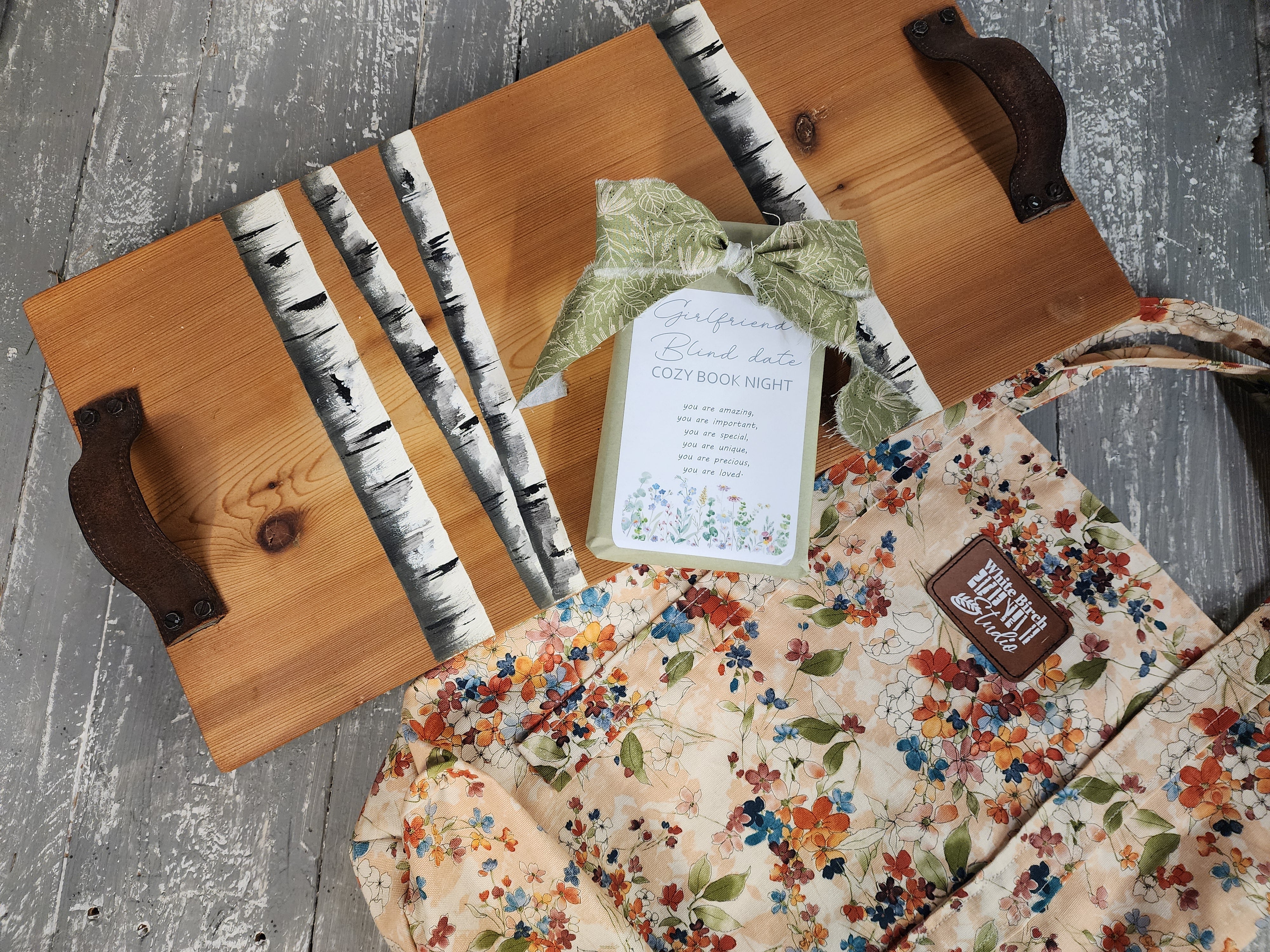 Cozy 3-Piece Gift Set for Her | Surprise blind date Book, Handmade Cedar Charcuterie Board & Lined Tote Bag, Girlfriend gift wrapped