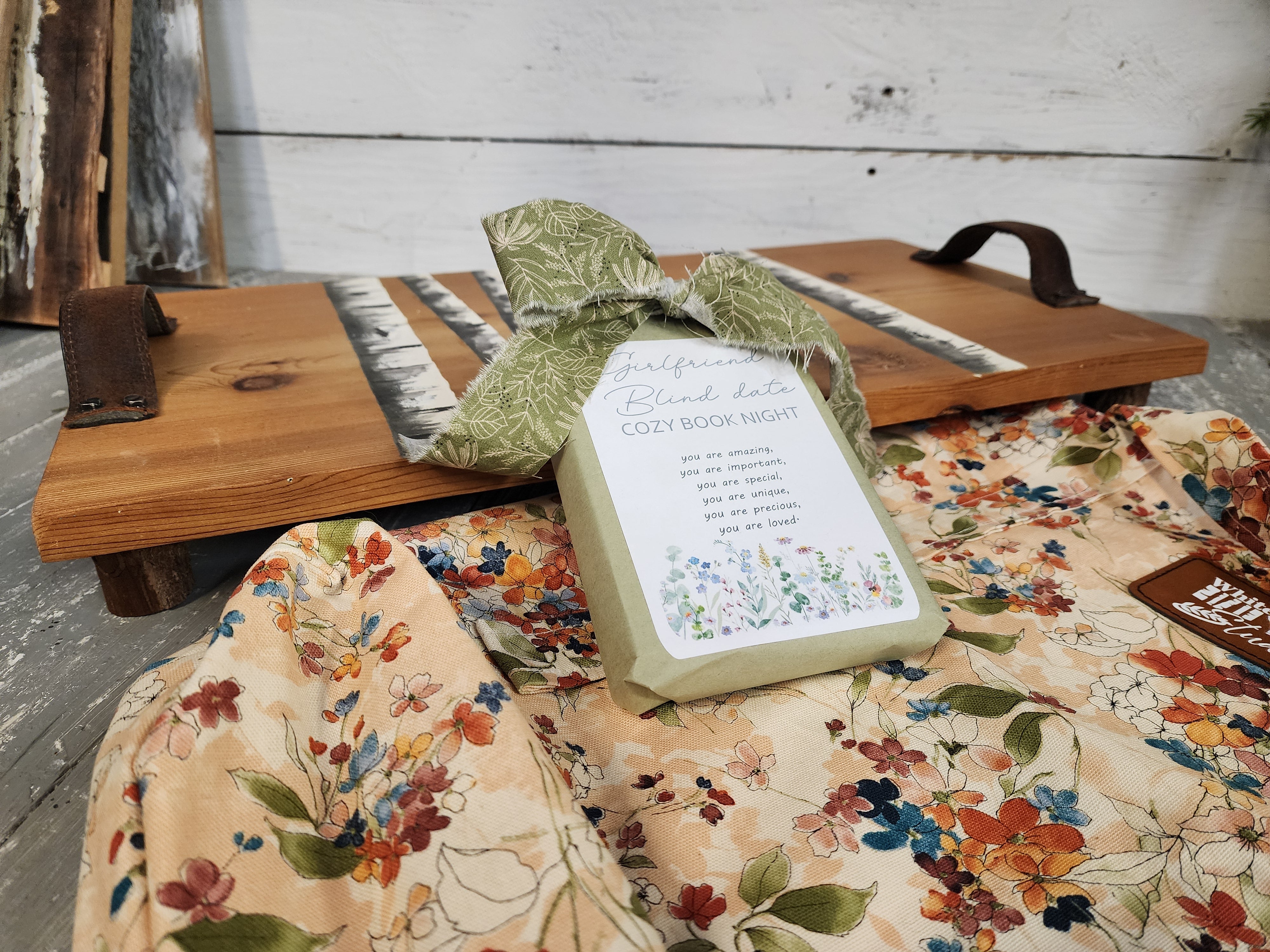 Cozy 3-Piece Gift Set for Her | Surprise blind date Book, Handmade Cedar Charcuterie Board & Lined Tote Bag, Girlfriend gift wrapped