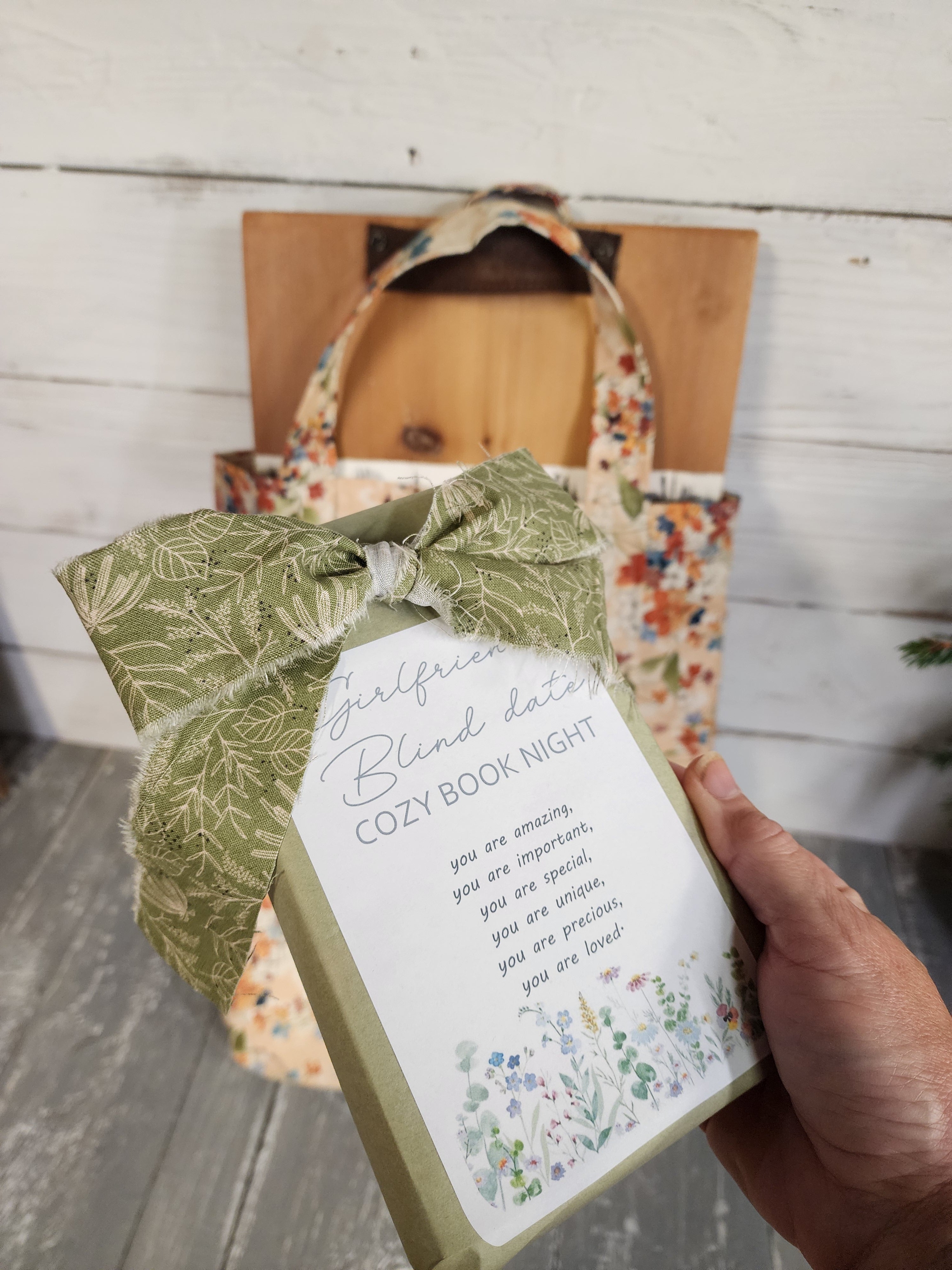 Cozy 3-Piece Gift Set for Her | Surprise blind date Book, Handmade Cedar Charcuterie Board & Lined Tote Bag, Girlfriend gift wrapped