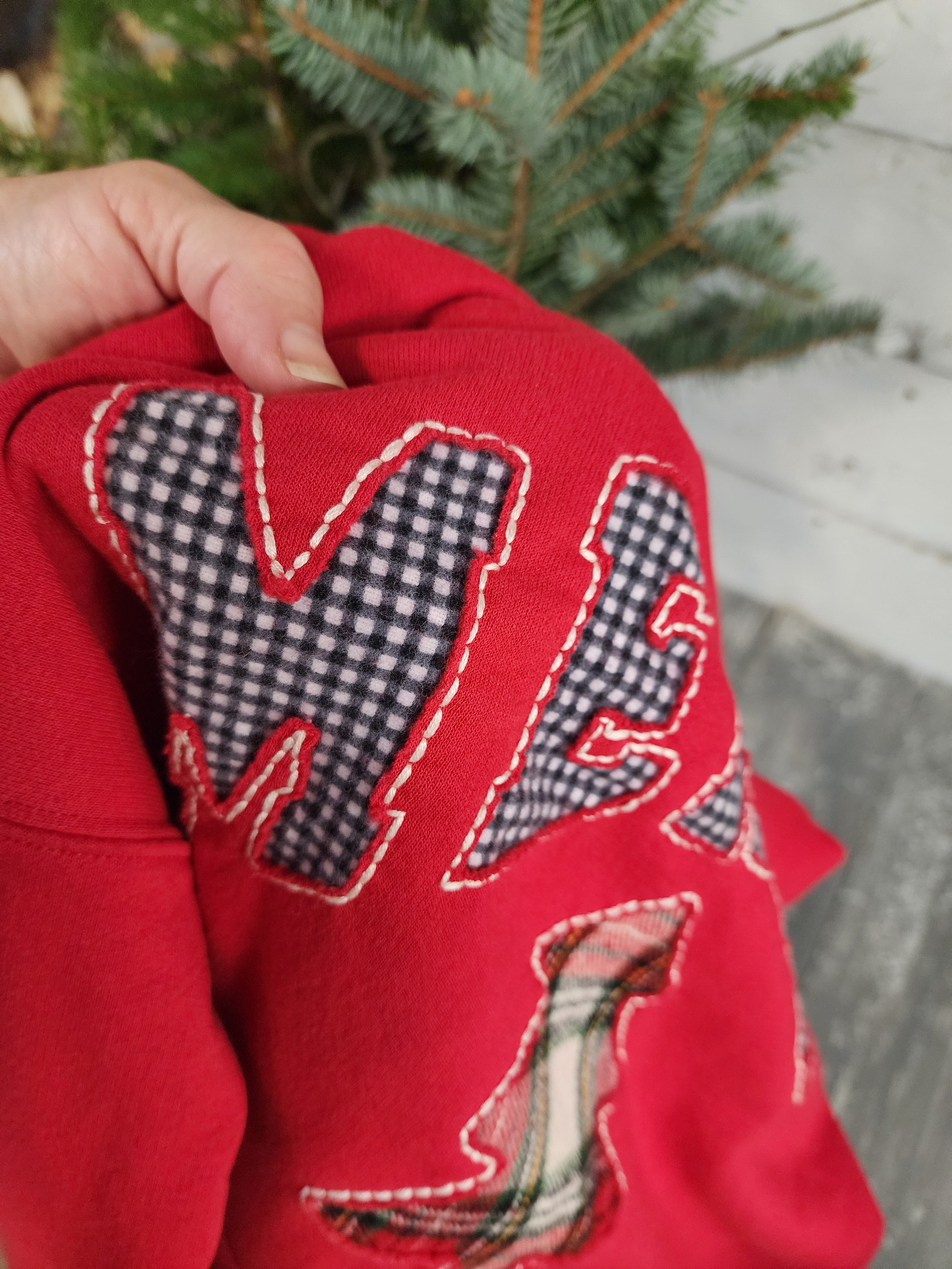 Hand Stitched “MERRY” Christmas XL Red Hoodie, flannel Buffalo Check & Plaid Tree, Cozy Holiday Sweatshirt for her