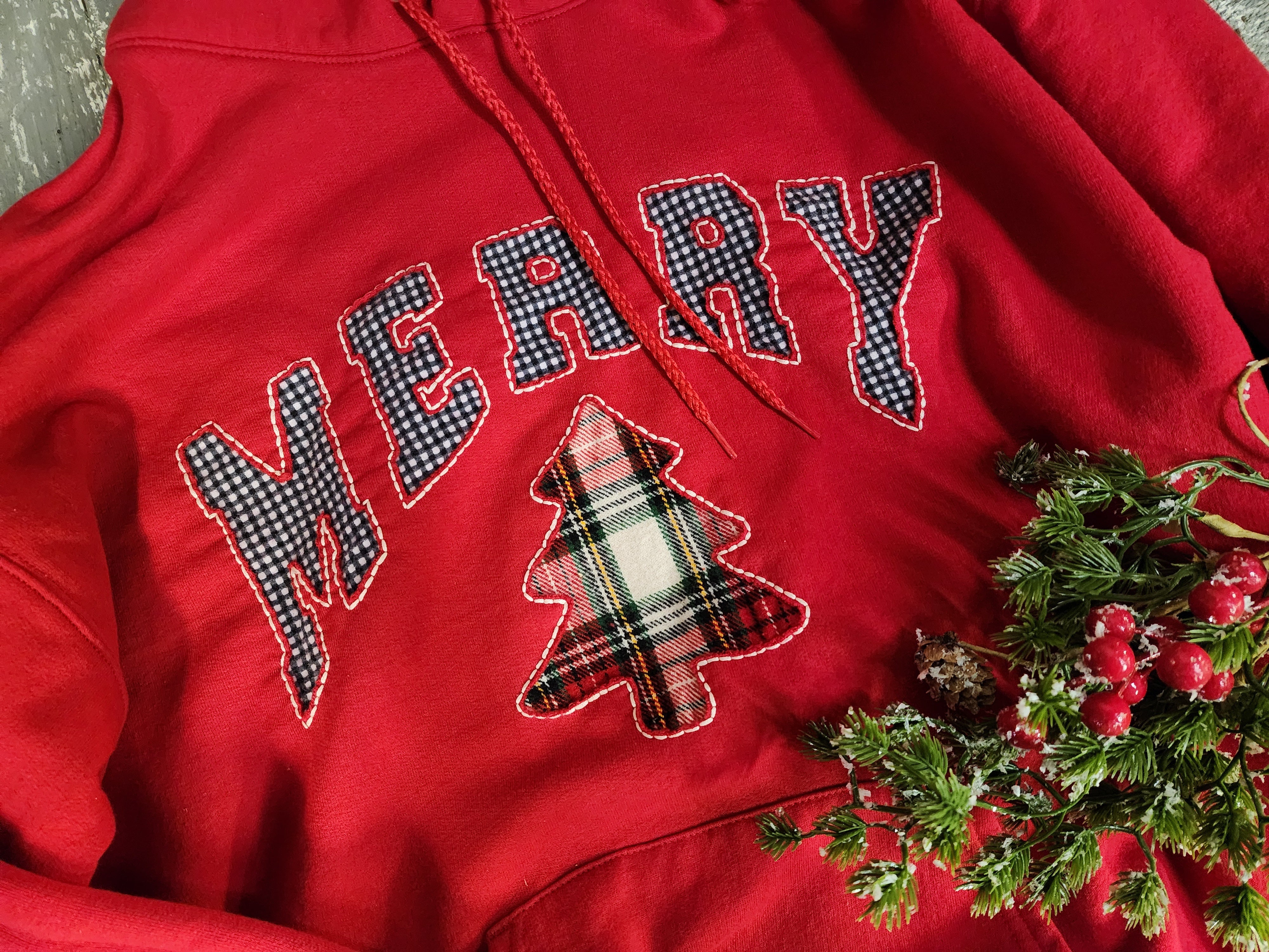 Hand Stitched “MERRY” Christmas XL Red Hoodie, flannel Buffalo Check & Plaid Tree, Cozy Holiday Sweatshirt for her