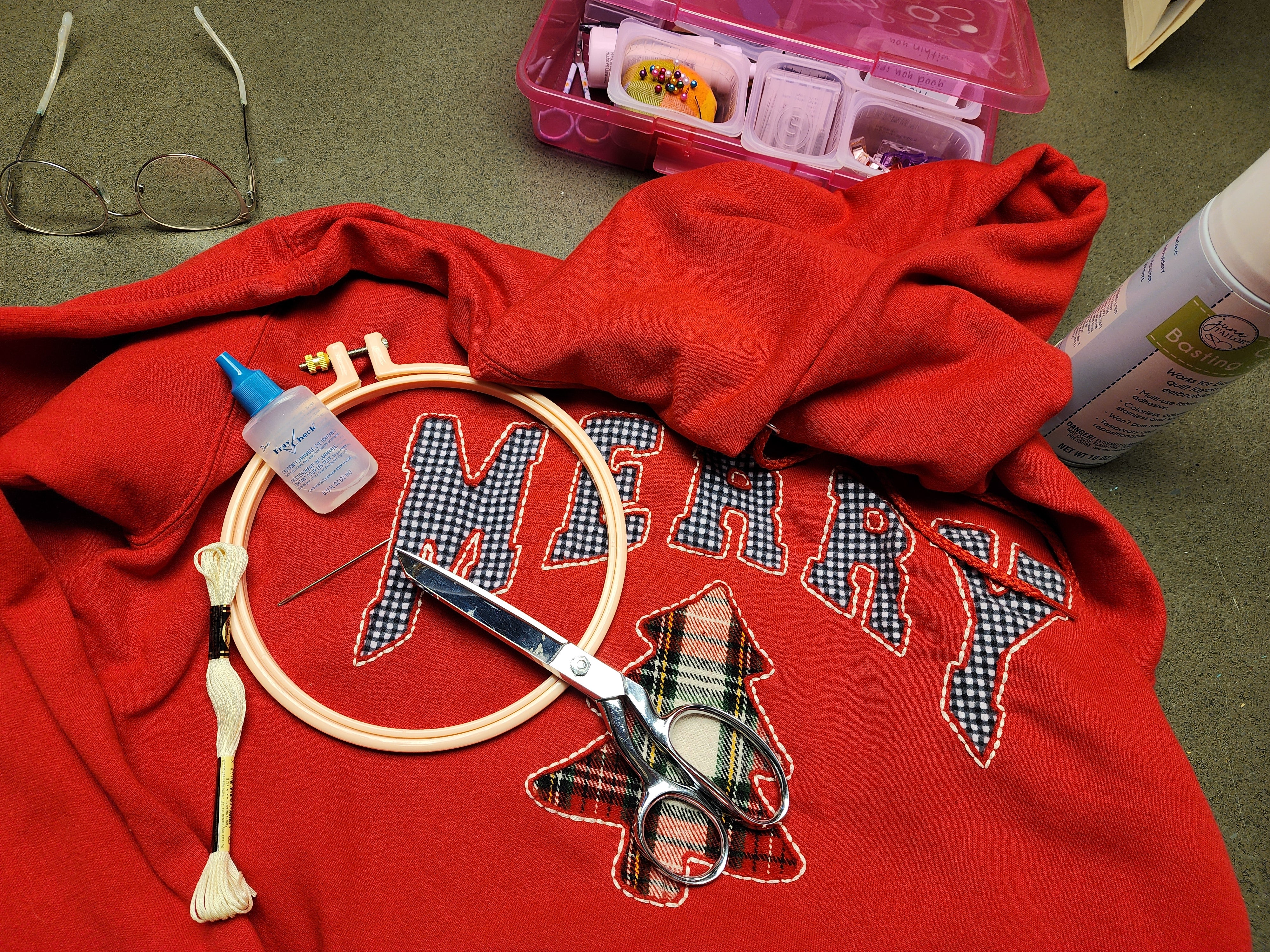 Hand Stitched “MERRY” Christmas XL Red Hoodie, flannel Buffalo Check & Plaid Tree, Cozy Holiday Sweatshirt for her