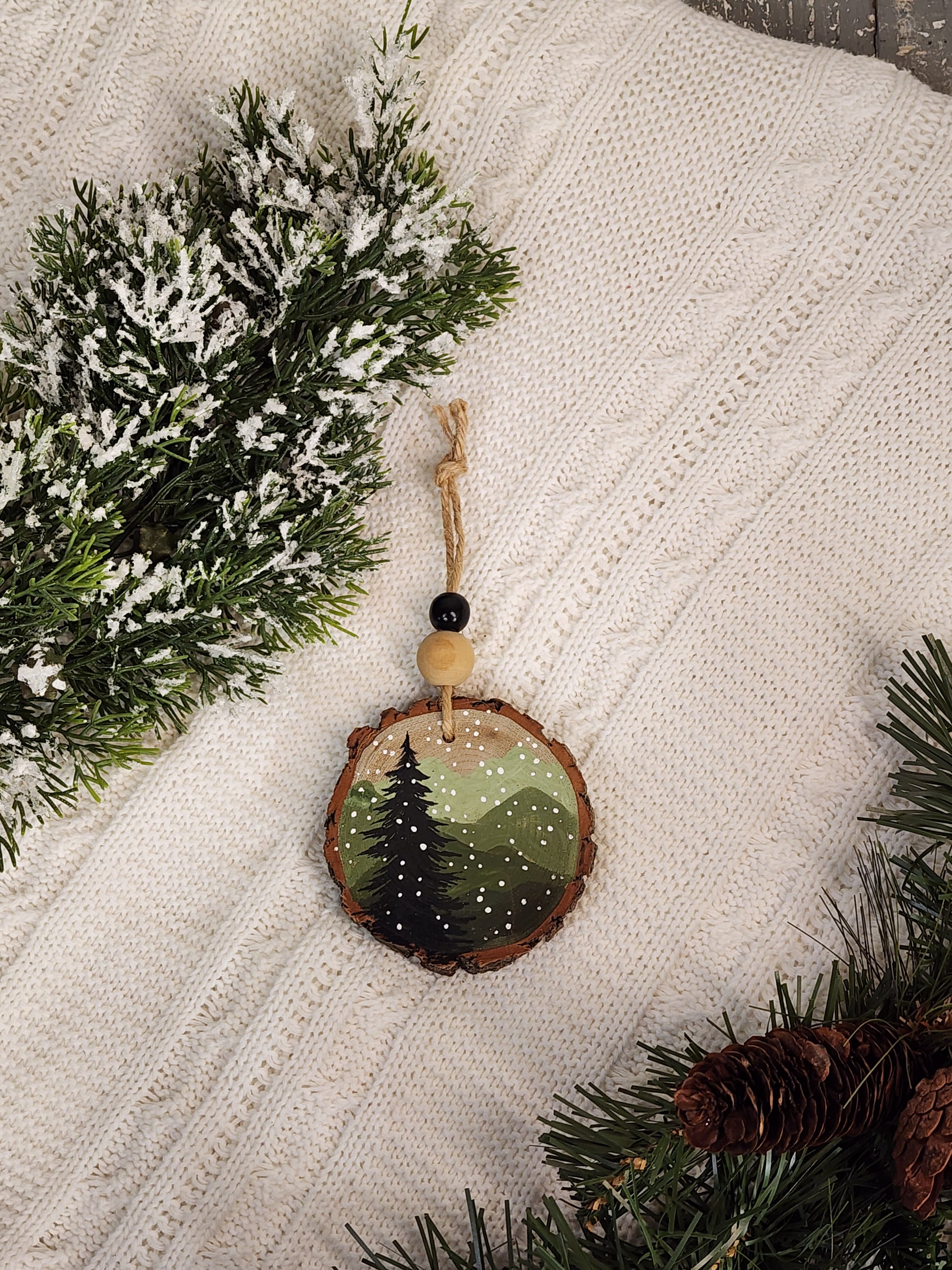 Hand-Painted Mountain Wood Slice Ornament • Rustic Jute & Bead • Snowy Pine Tree • Nature Christmas Decor • Handmade Holiday Gift