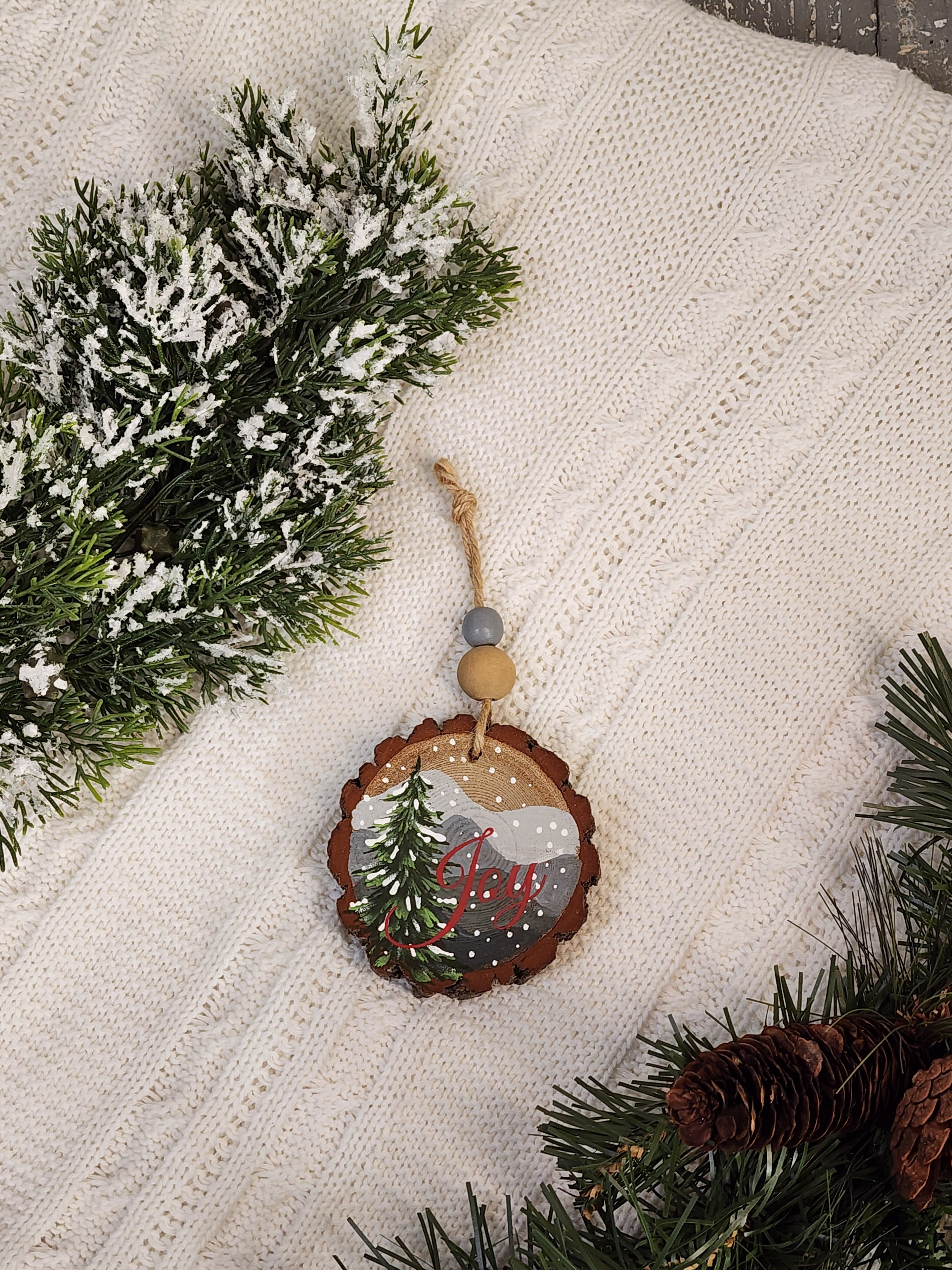 Hand-Painted Mountain Wood Slice Ornament • Rustic gray mountains with JOY • Snowy Pine - Nature Christmas Decor • Handmade Holiday Gift
