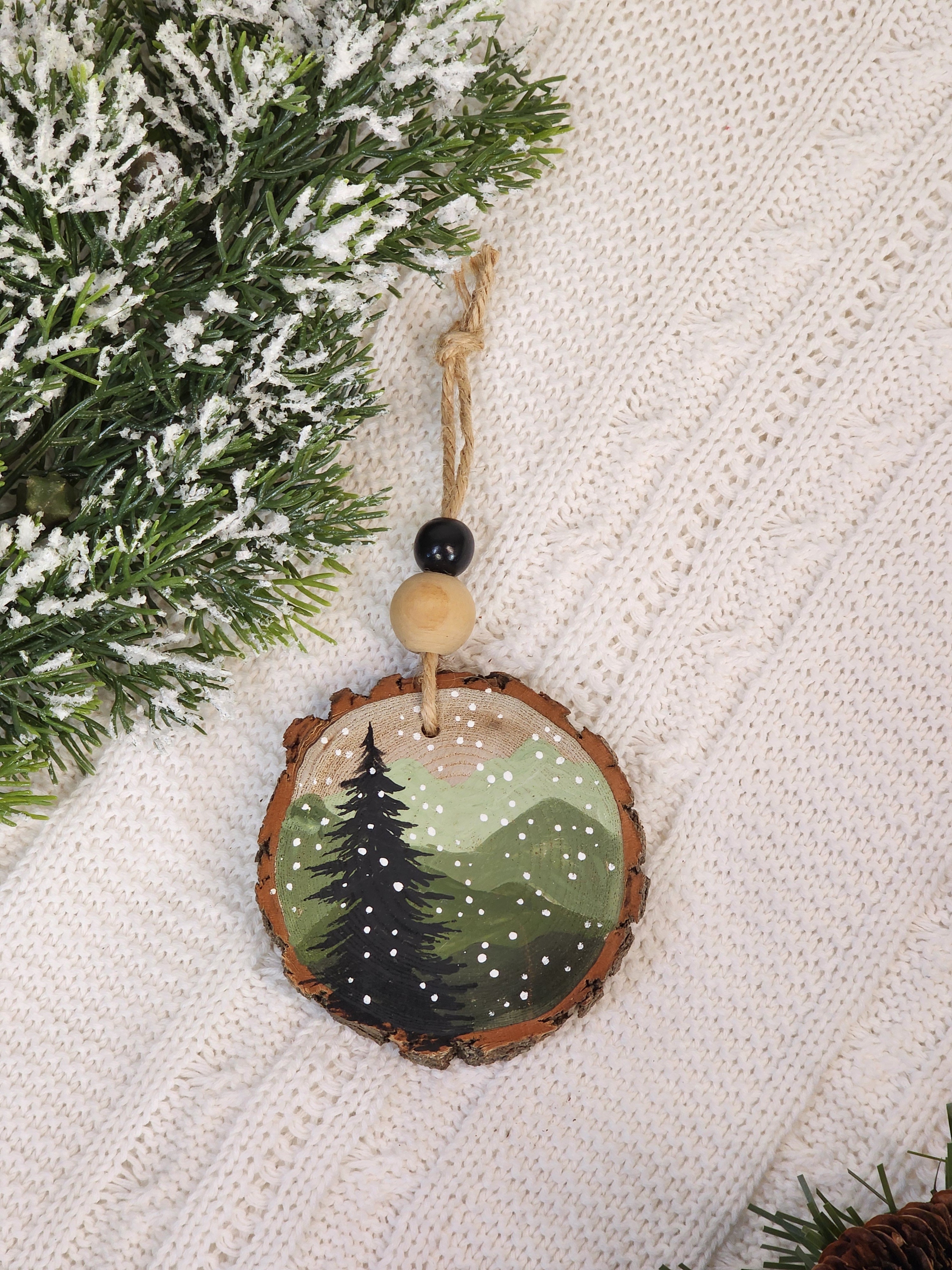 Hand-Painted Mountain Wood Slice Ornament • Rustic Jute & Bead • Snowy Pine Tree • Nature Christmas Decor • Handmade Holiday Gift