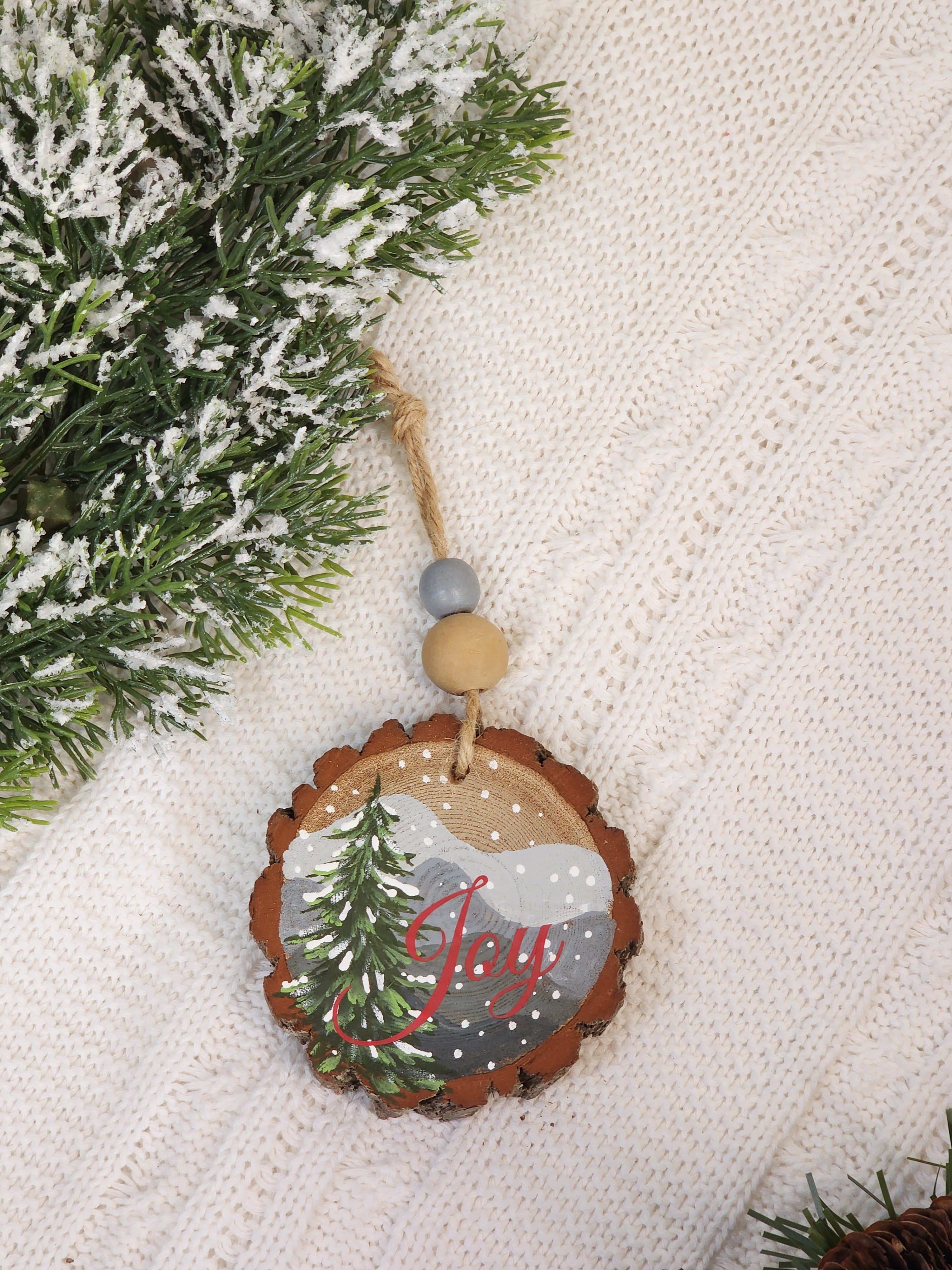 Hand-Painted Mountain Wood Slice Ornament • Rustic gray mountains with JOY • Snowy Pine - Nature Christmas Decor • Handmade Holiday Gift