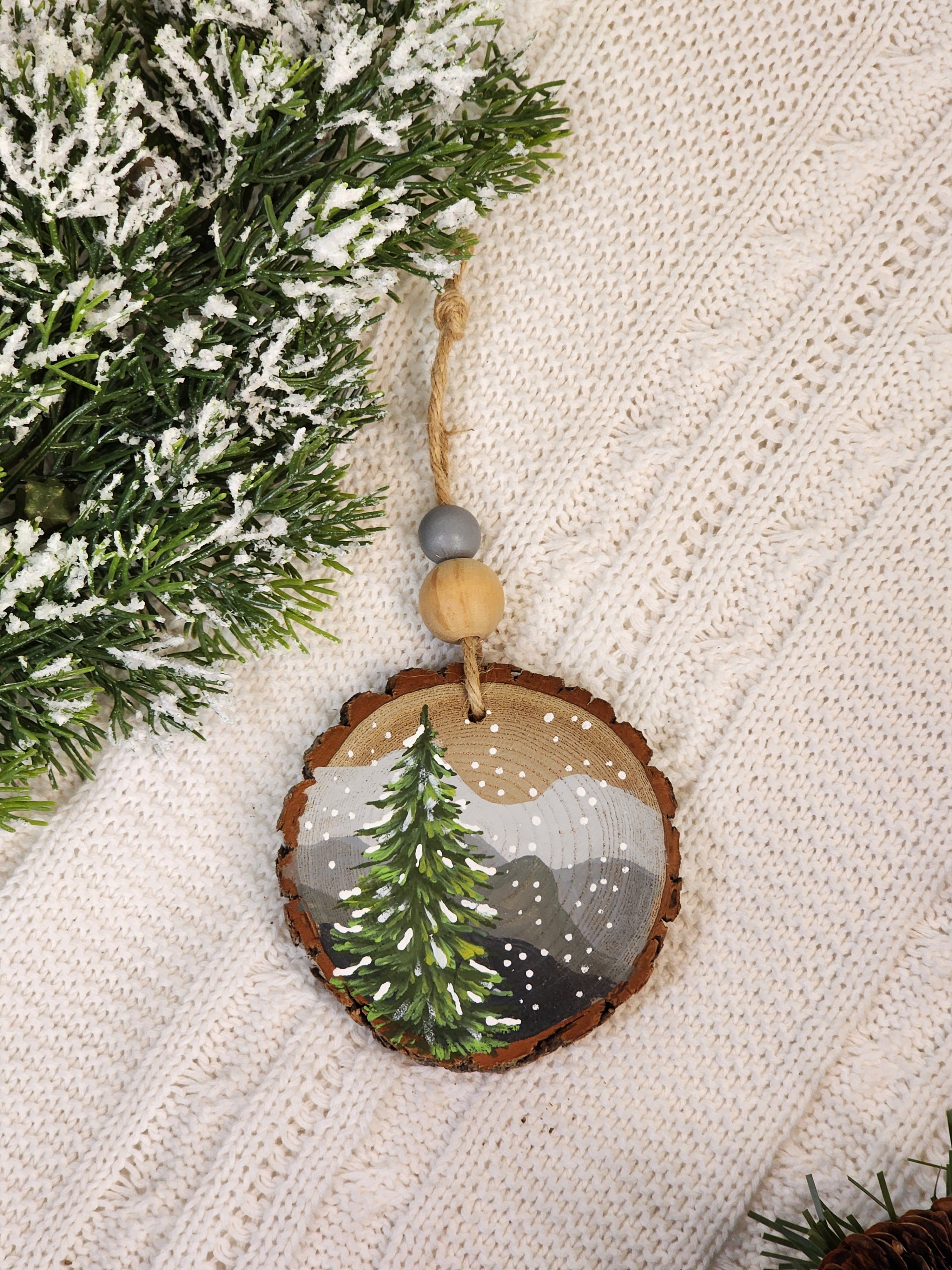 Hand-Painted Mountain Wood Slice Ornament • Rustic gray mountains • Snowy Pine - Nature Christmas Decor • Handmade Holiday Gift
