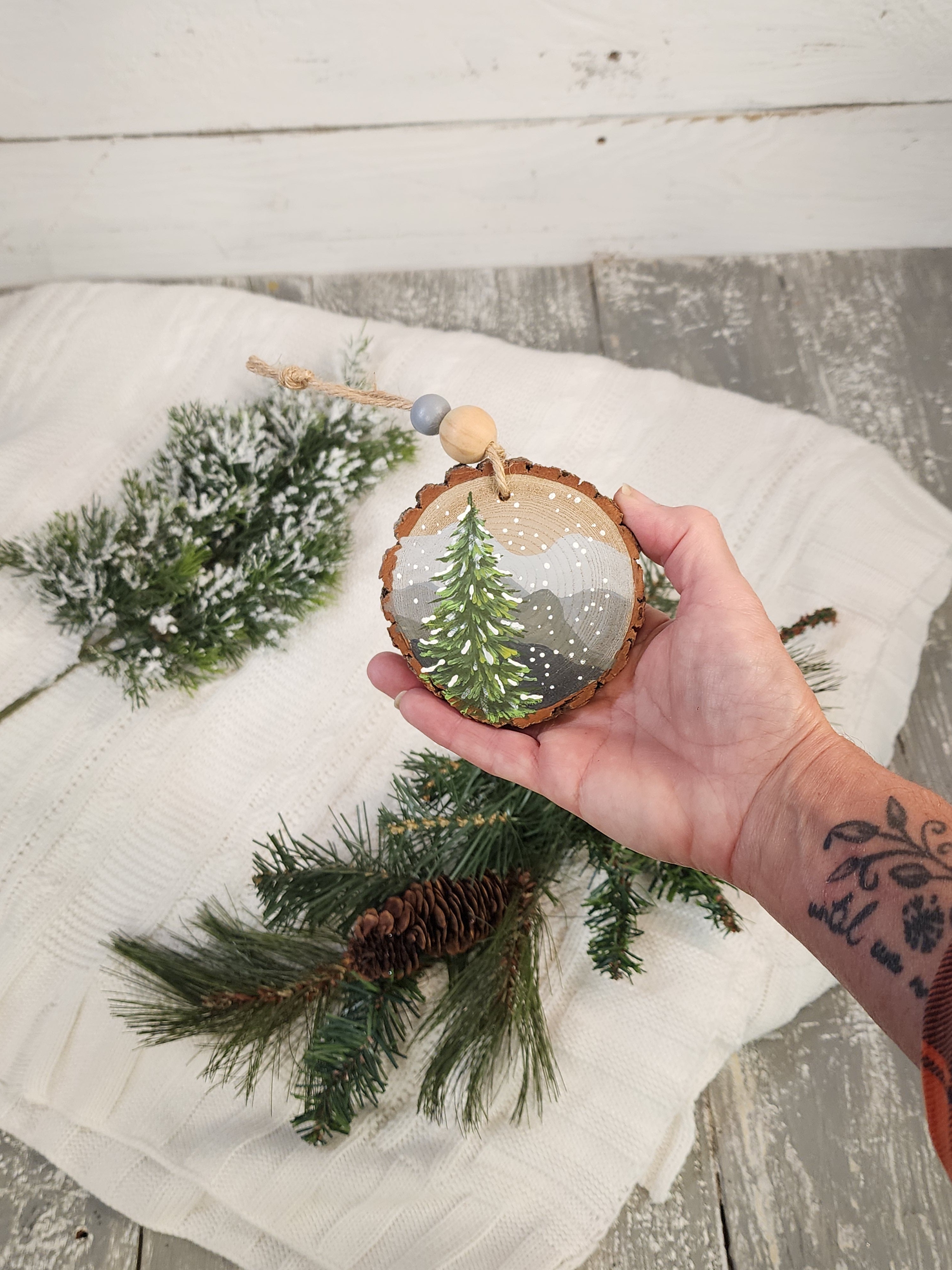 Hand-Painted Mountain Wood Slice Ornament • Rustic gray mountains • Snowy Pine - Nature Christmas Decor • Handmade Holiday Gift
