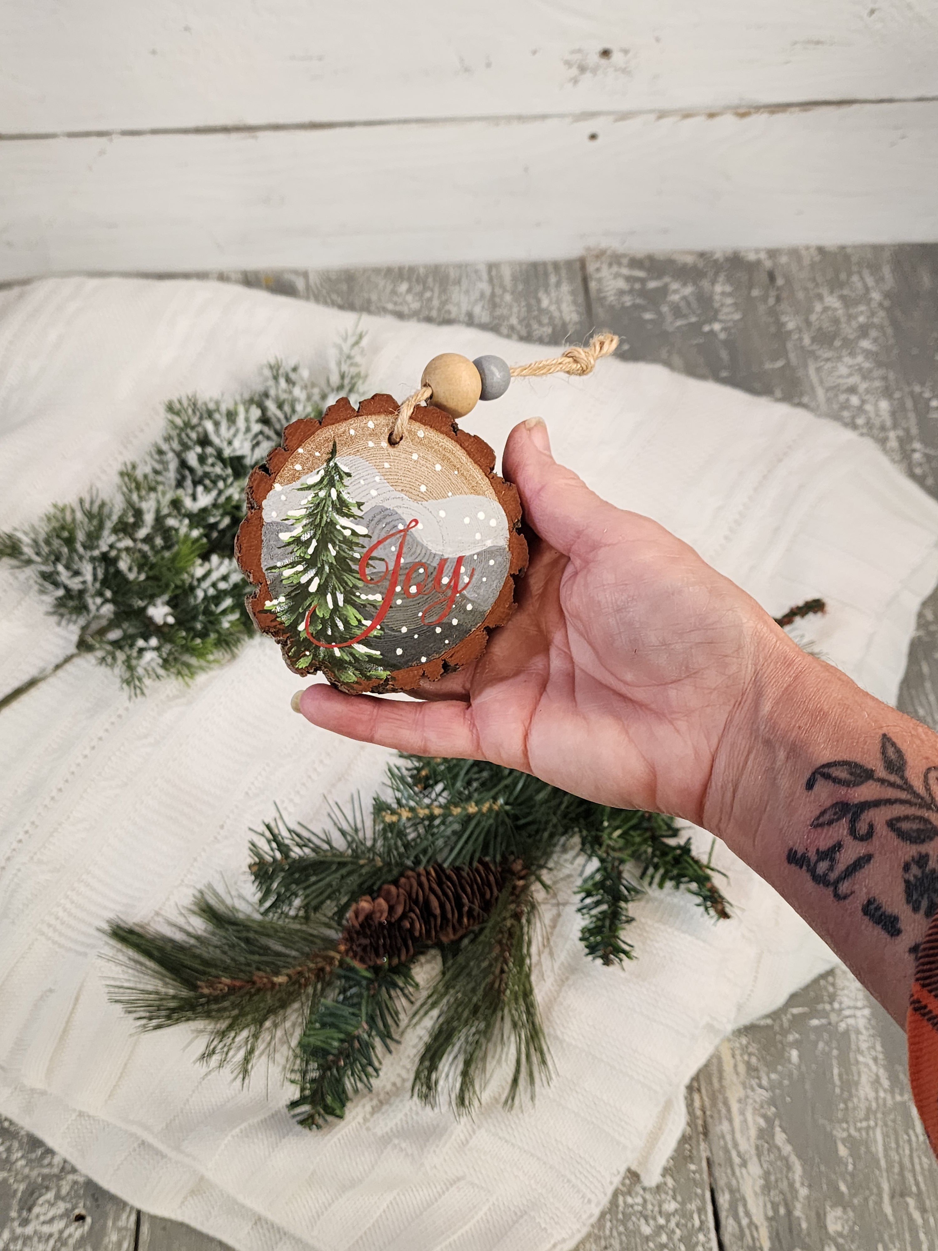 Hand-Painted Mountain Wood Slice Ornament • Rustic gray mountains with JOY • Snowy Pine - Nature Christmas Decor • Handmade Holiday Gift