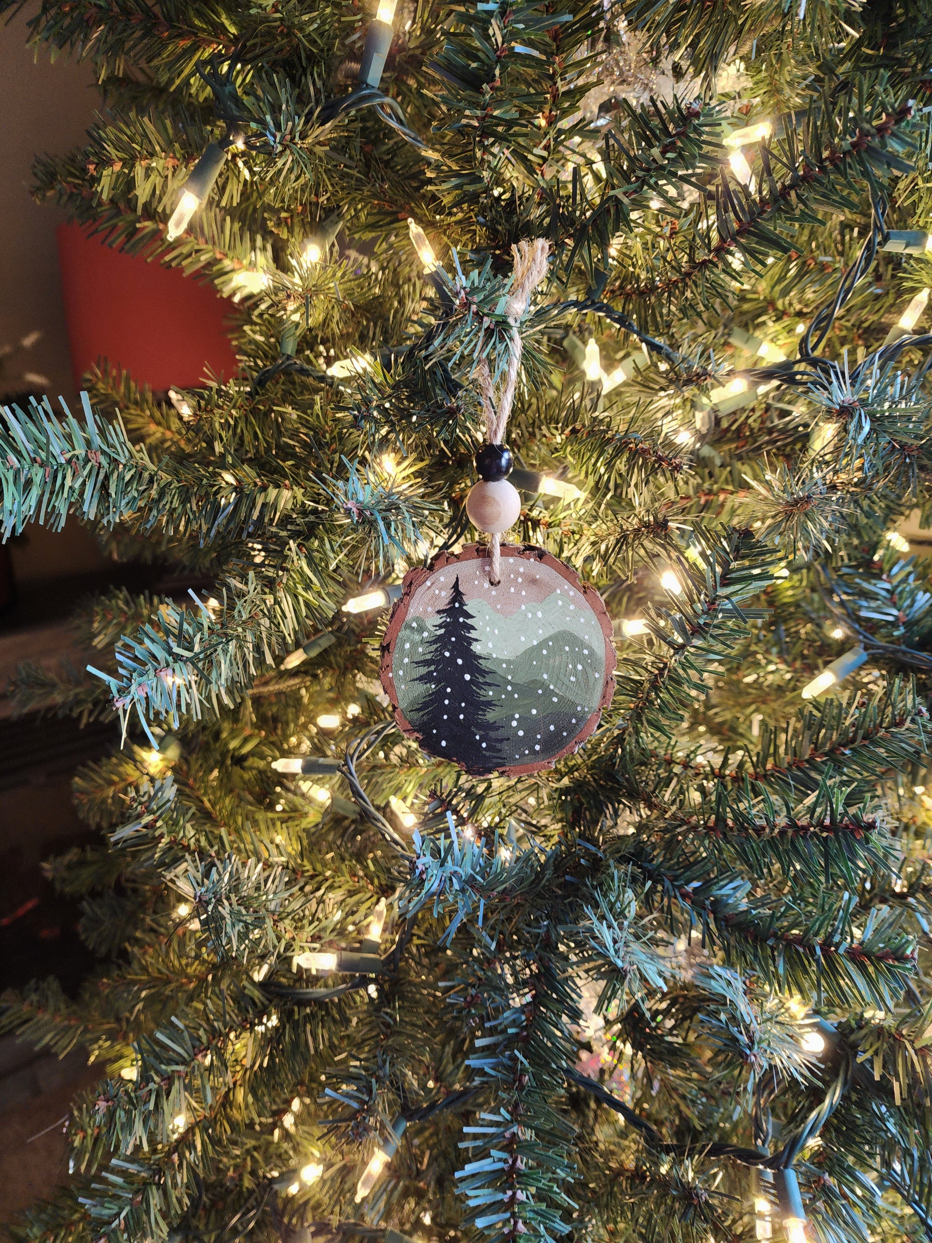 Hand-Painted Mountain Wood Slice Ornament • Rustic Jute & Bead • Snowy Pine Tree • Nature Christmas Decor • Handmade Holiday Gift