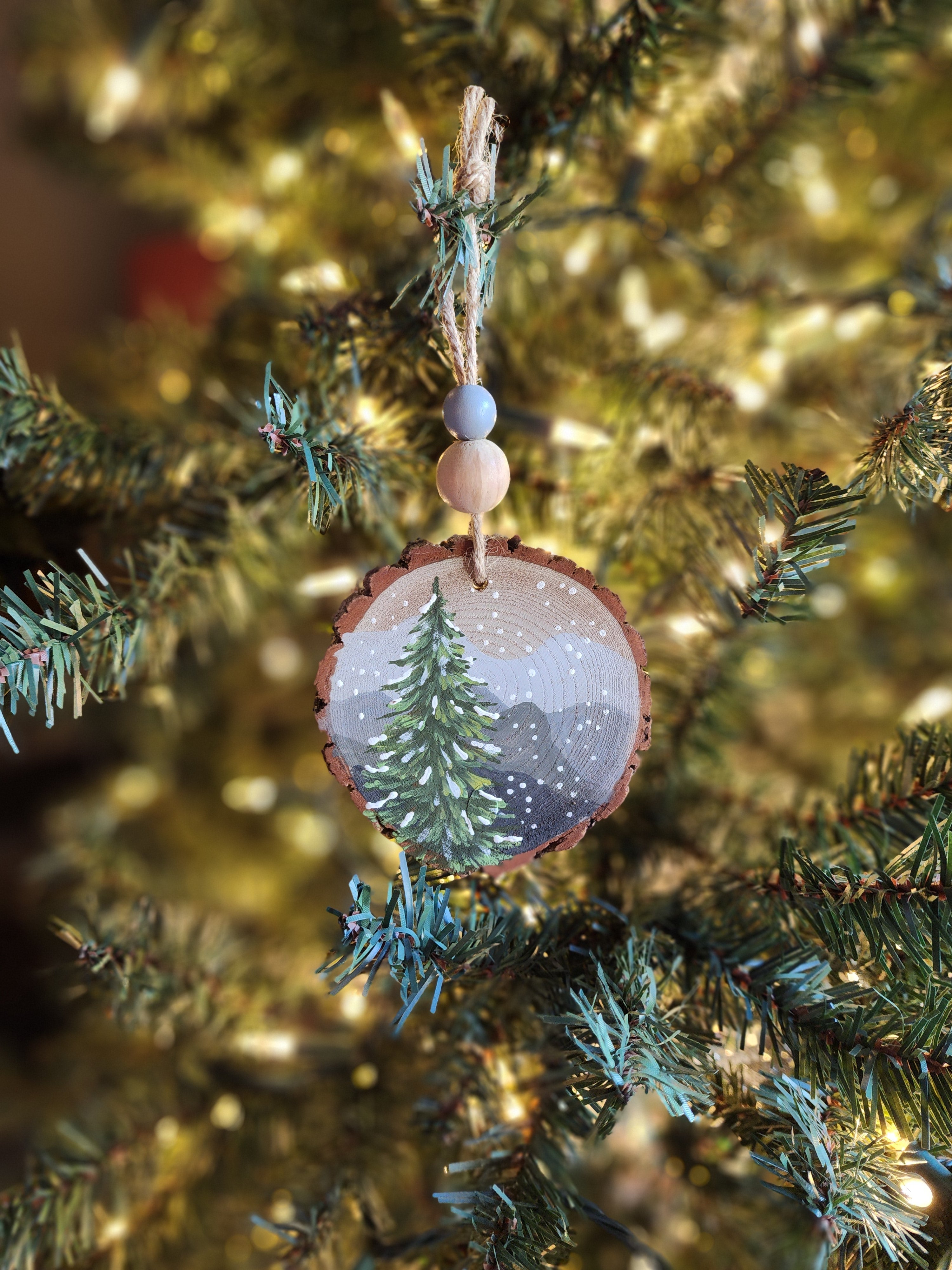Hand-Painted Mountain Wood Slice Ornament • Rustic gray mountains • Snowy Pine - Nature Christmas Decor • Handmade Holiday Gift