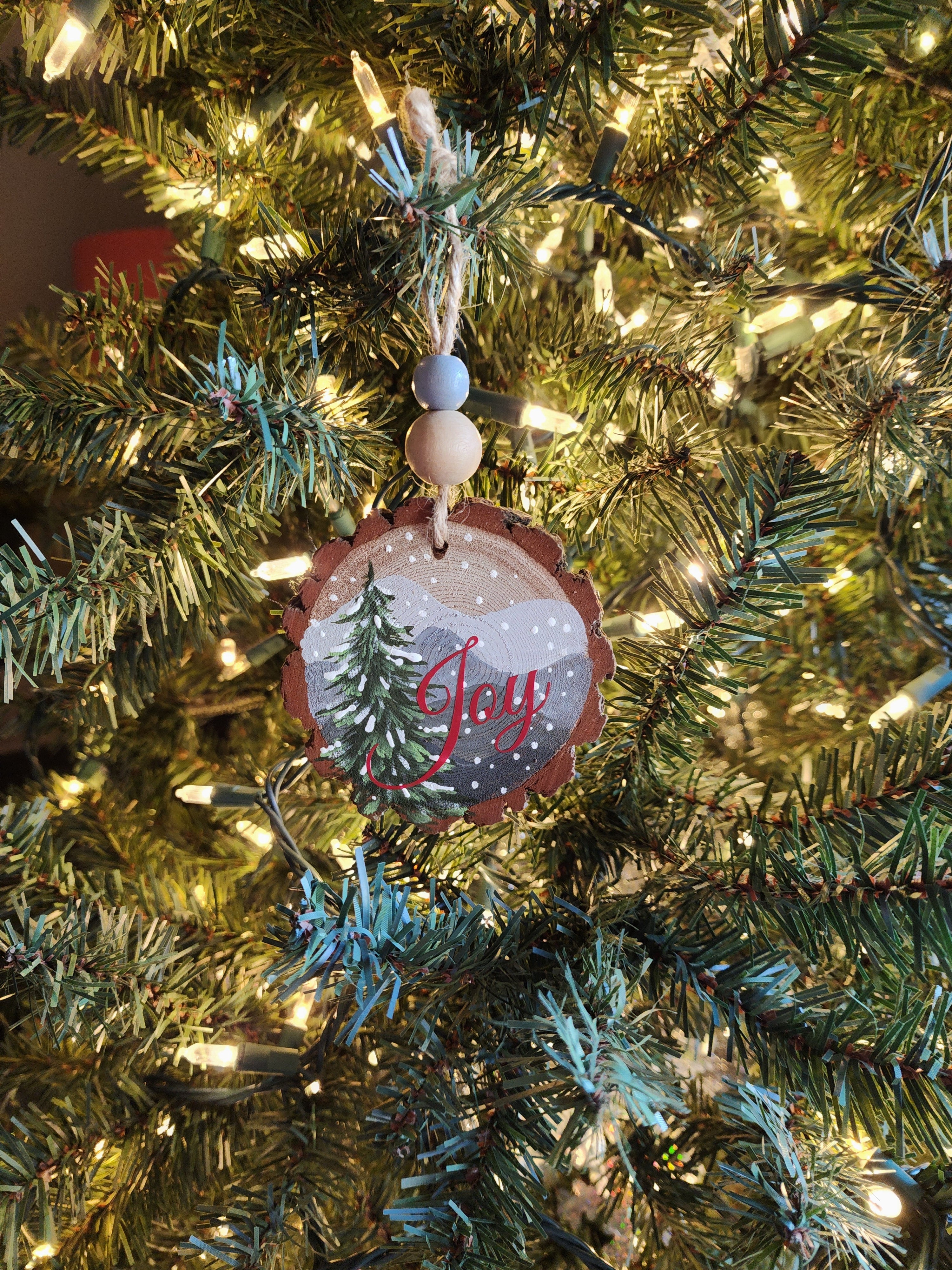Hand-Painted Mountain Wood Slice Ornament • Rustic gray mountains with JOY • Snowy Pine - Nature Christmas Decor • Handmade Holiday Gift