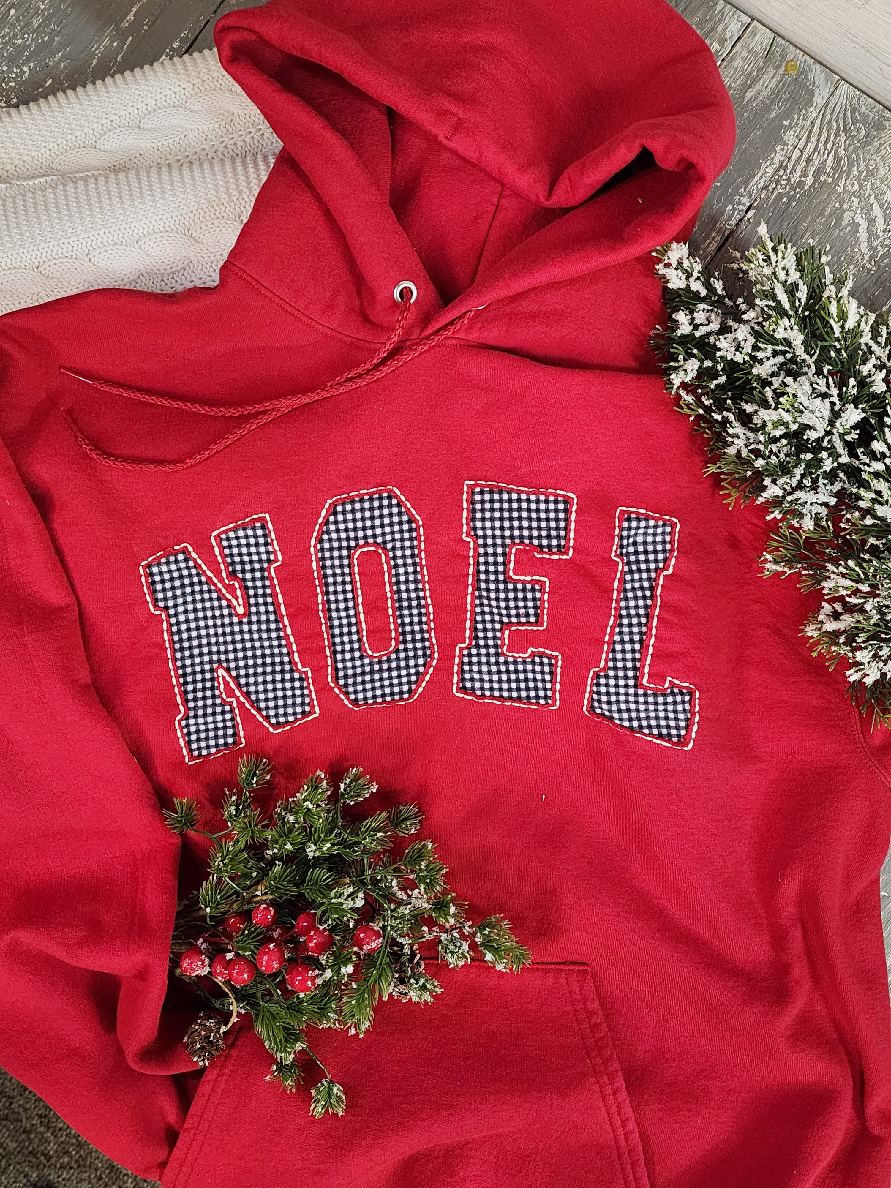 Hand Stitched “NOEL” Christmas XL Red Hoodie, flannel Buffalo Check, Cozy Holiday Sweatshirt for her (Copy)