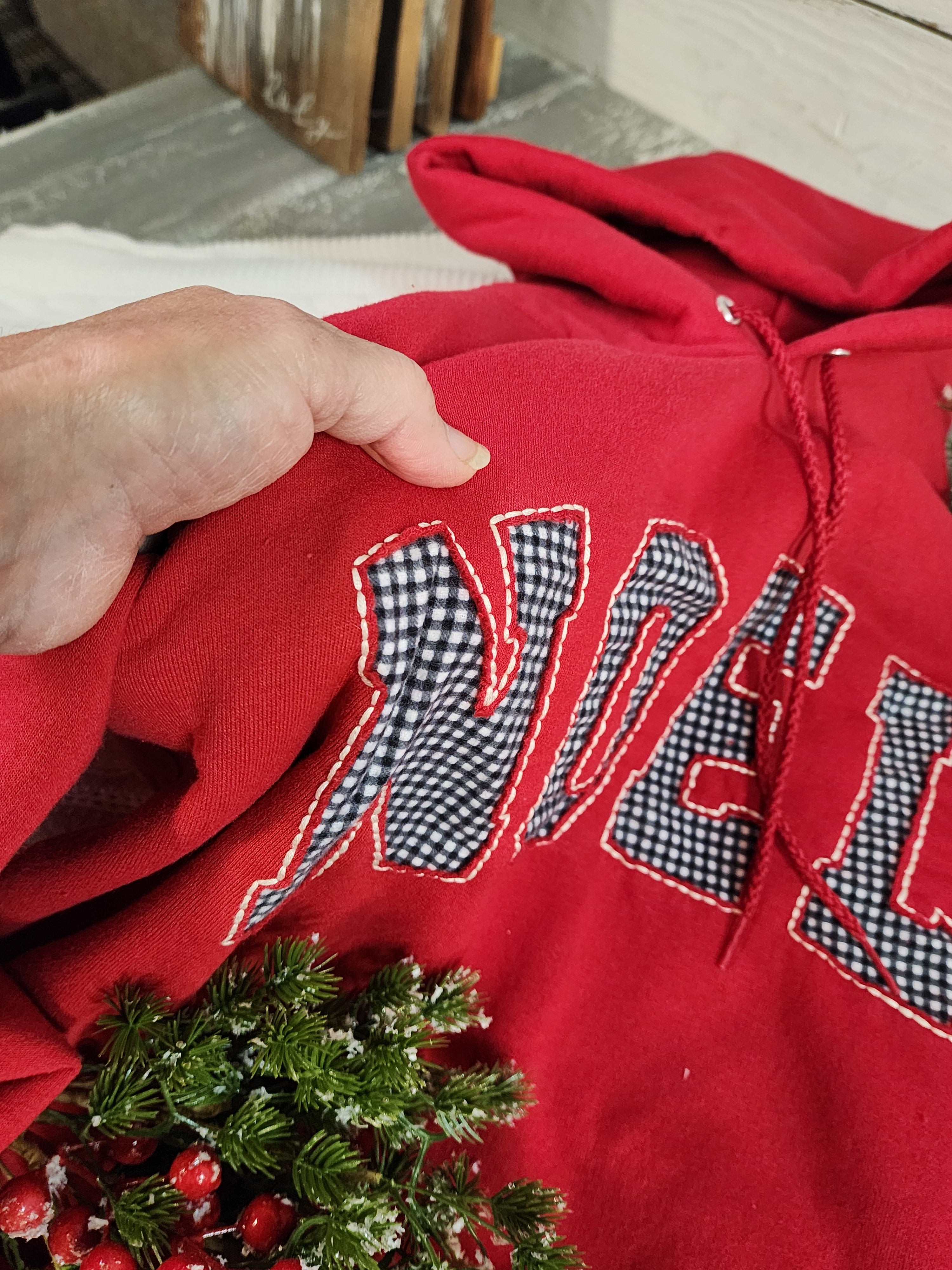 Hand Stitched “NOEL” Christmas XL Red Hoodie, flannel Buffalo Check, Cozy Holiday Sweatshirt for her (Copy)