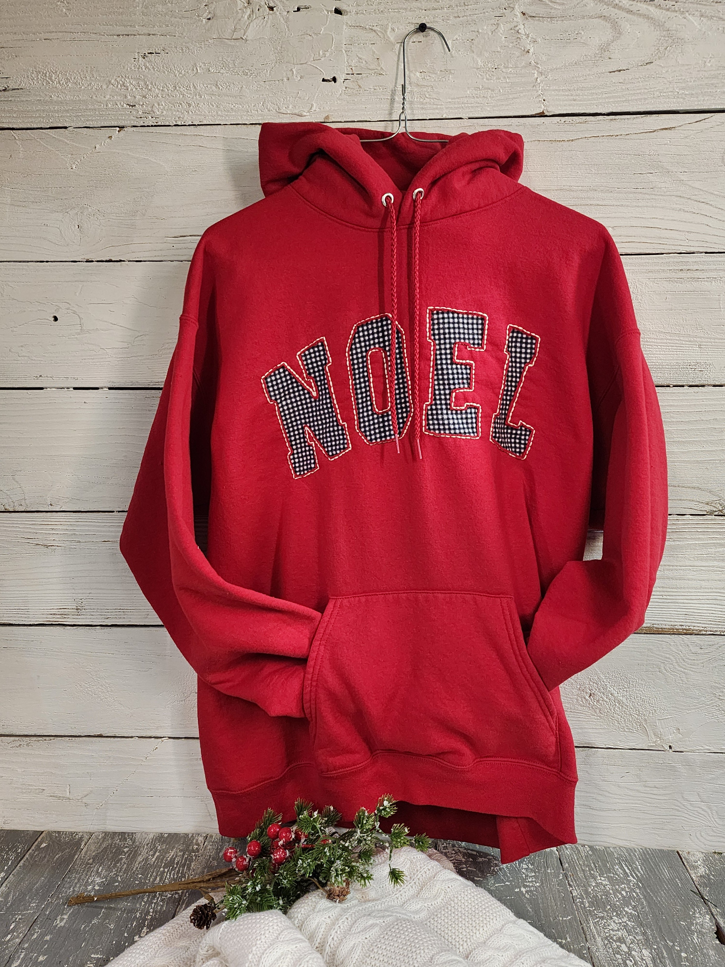 Hand Stitched “NOEL” Christmas XL Red Hoodie, flannel Buffalo Check, Cozy Holiday Sweatshirt for her (Copy)