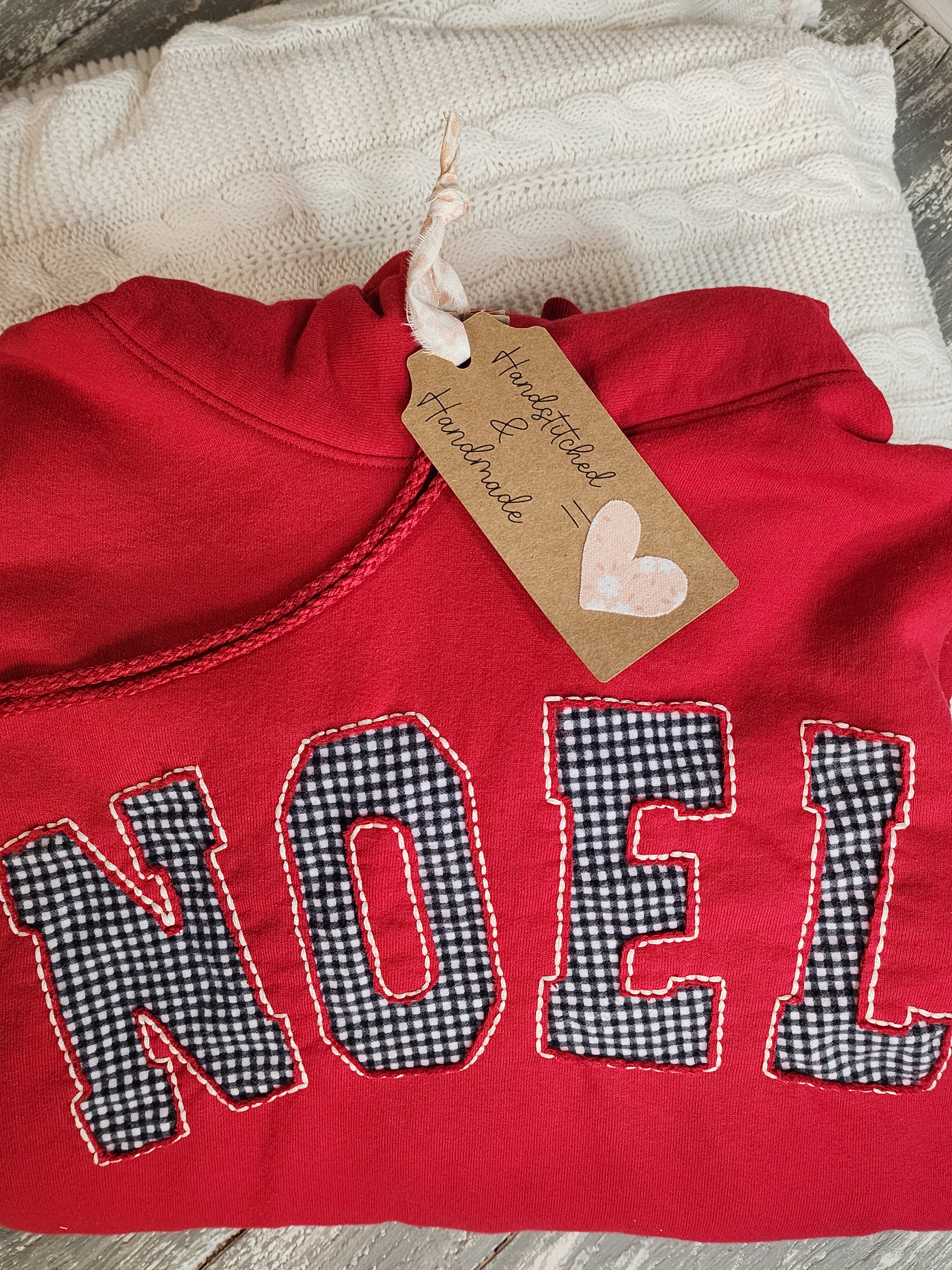 Hand Stitched “NOEL” Christmas XL Red Hoodie, flannel Buffalo Check, Cozy Holiday Sweatshirt for her (Copy)