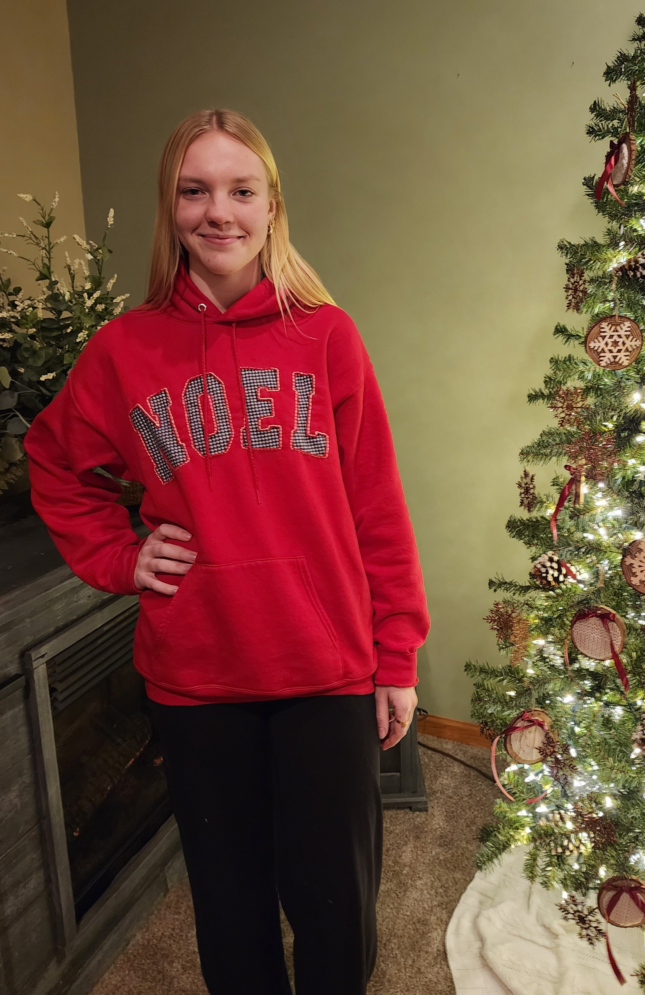 Hand Stitched “NOEL” Christmas XL Red Hoodie, flannel Buffalo Check, Cozy Holiday Sweatshirt for her (Copy)