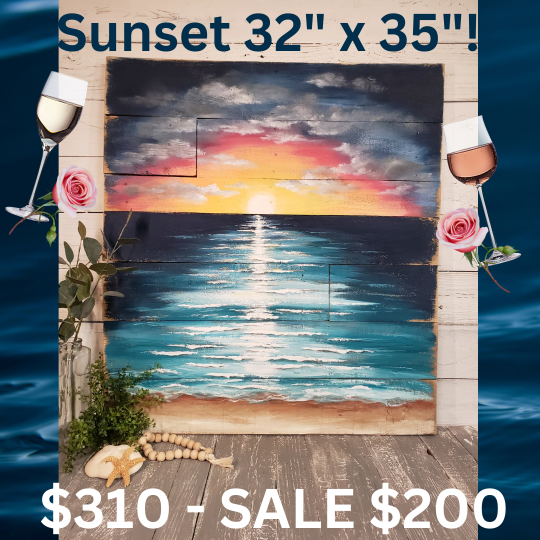 Pallet beach wood Art, Sunset painting, hand painted barnwood Seascape, nautical cottage decor, ocean mural