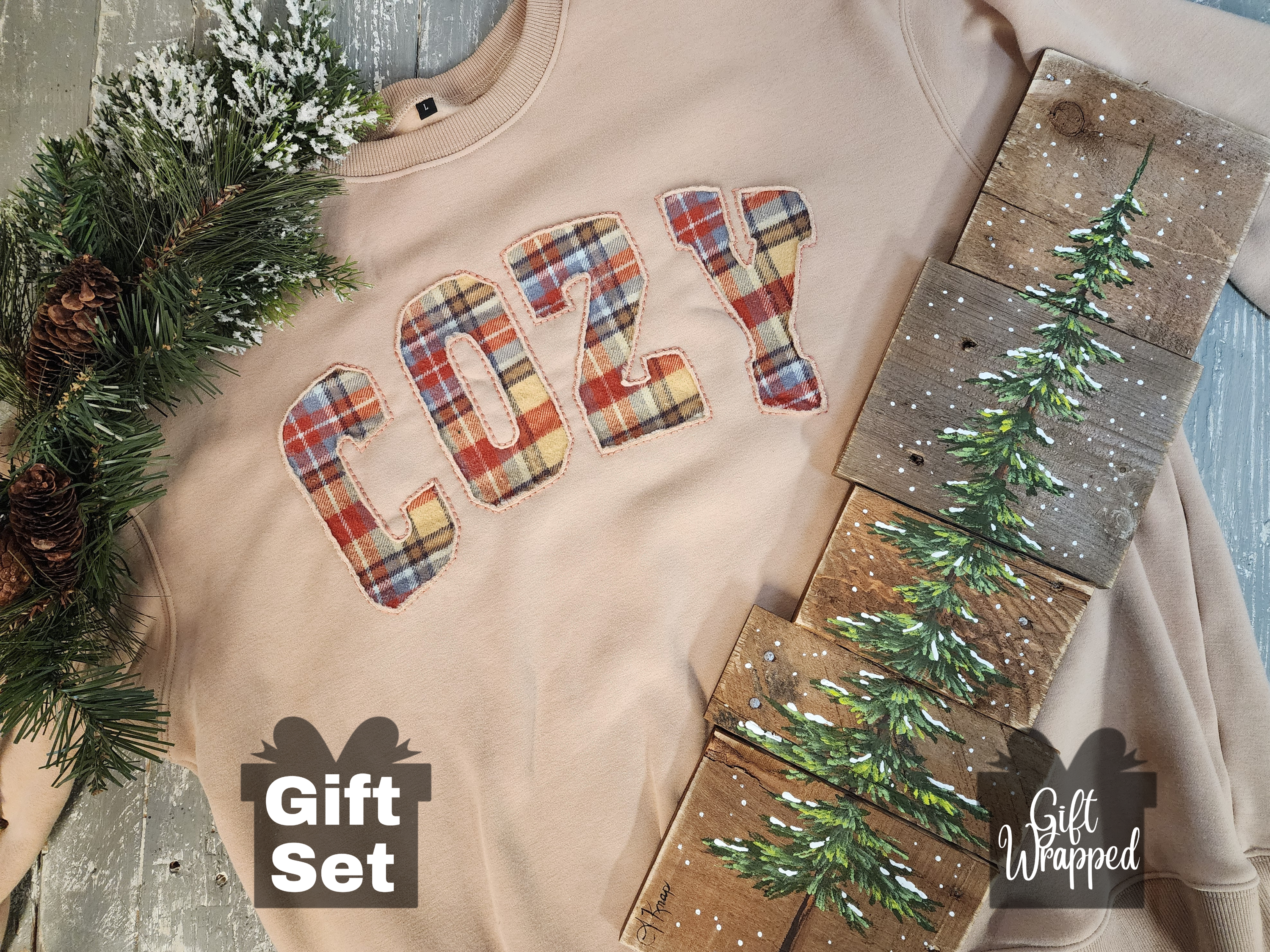 Cozy soft Christmas gift for her, handmade flannel embroidery L crew, hand painted snowy pine tree, gift wrapped, gift set
