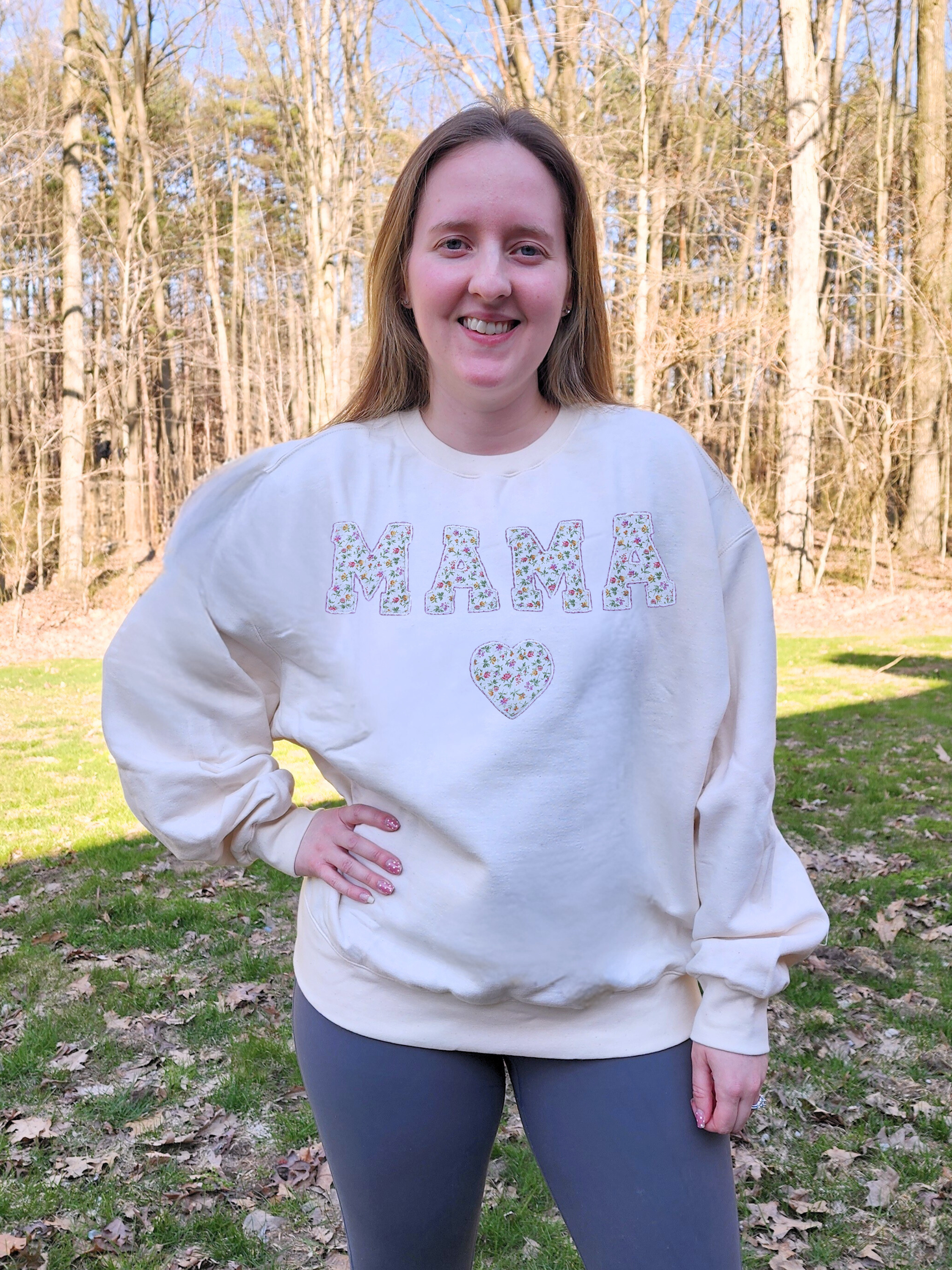 Mama Christmas gift set, cozy hand made embroidery sweatshirt, junk journal recycled wood frame, wood slice baby first Christmas ornament