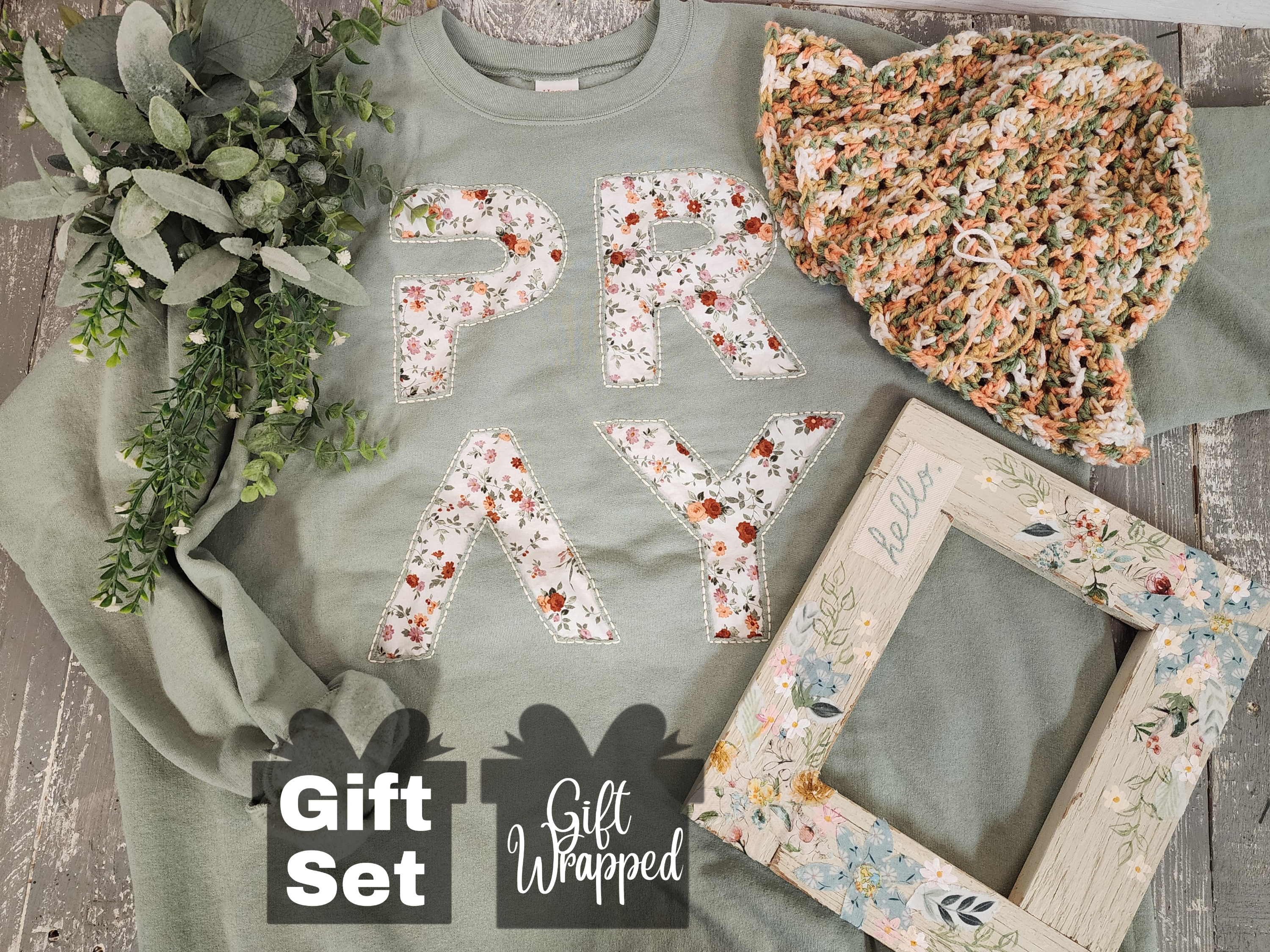 Christmas gift set, cozy hand made embroidery sweatshirt, PRAY, junk journal recycled calico frame, crochet bucket hat