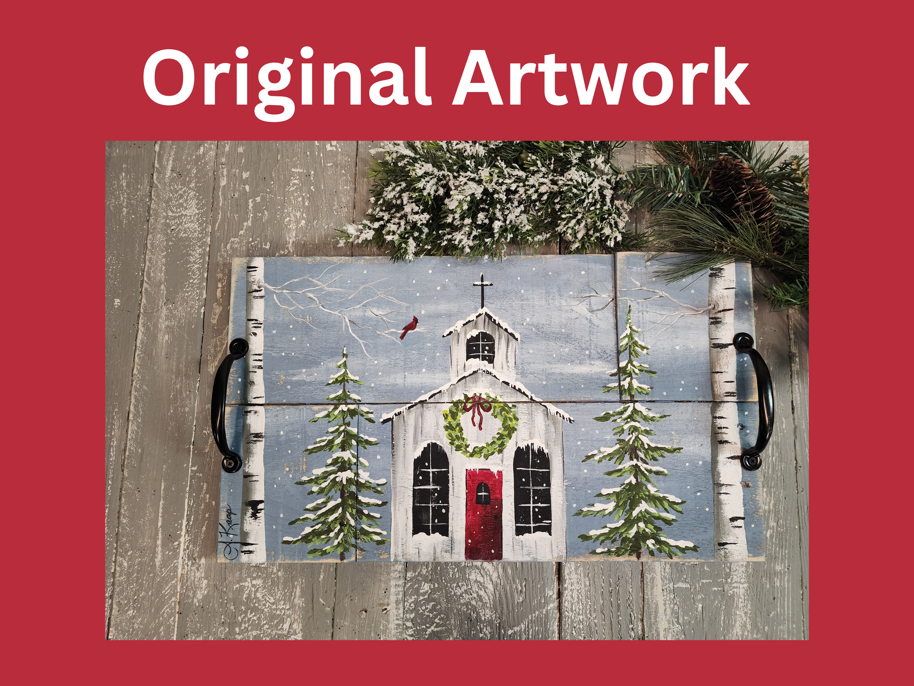 Handmade Christmas cards, painting print of holiday church & red cardinal, gray plaid flannel, red glitter Merry Christmas, set of six (6)