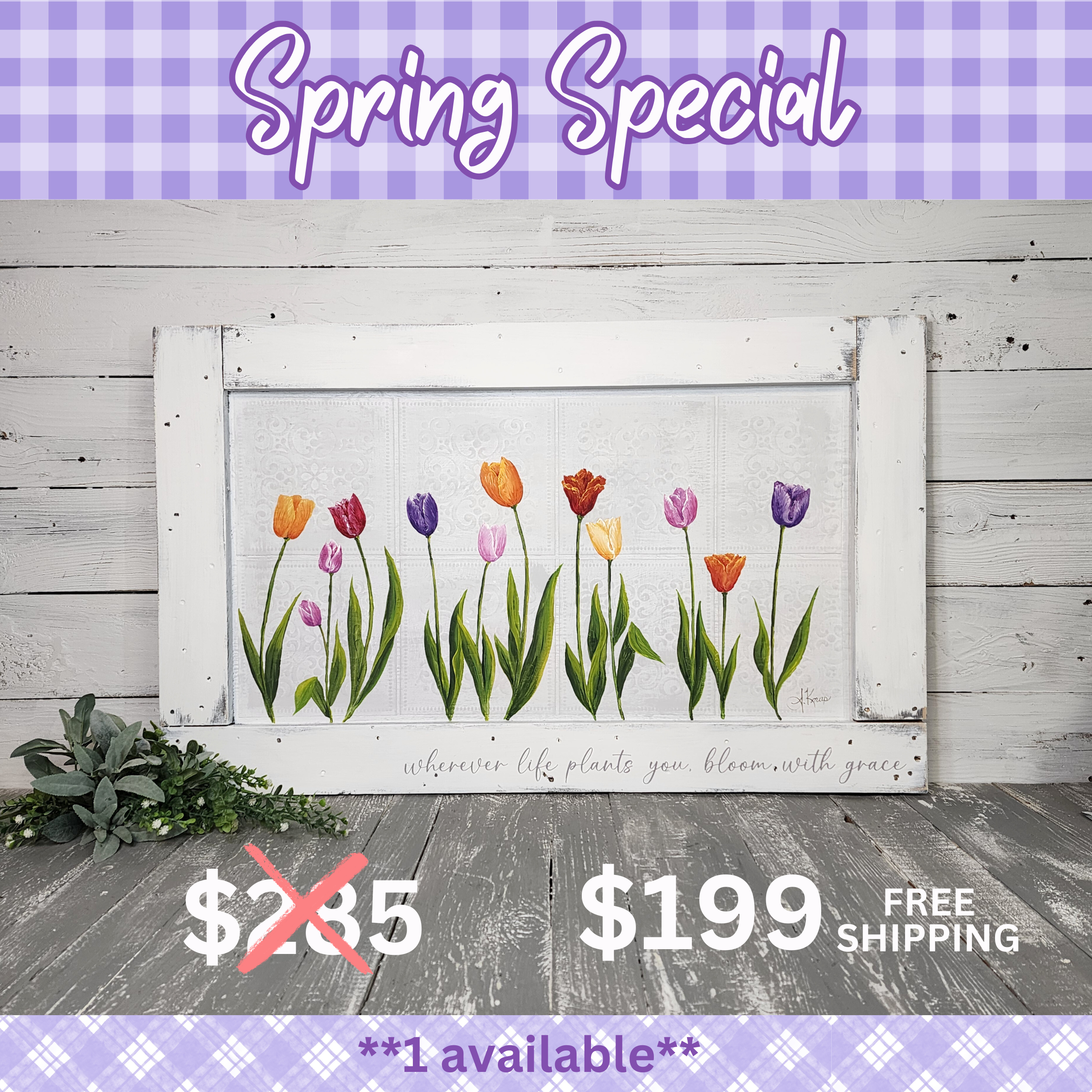 Spring tulip painting, Summer cottage porch wall art, grace word sign, hand Painted Multicolored Tulips on Recycled Pallet Wood