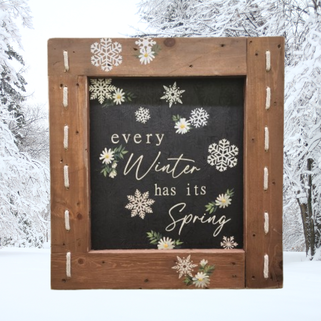 Winter snowflake decor handmade painting on recycled pallet wood, boho macrame accent for spring decorating with daisy flowers and greenry