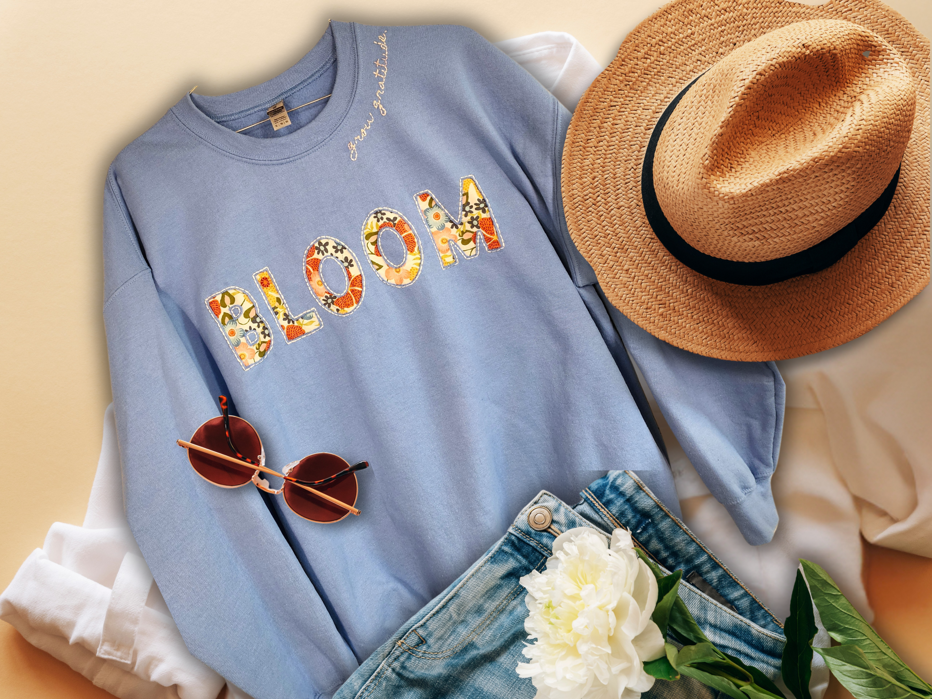 Mother’s Day Gift | Boho comfy Bloom embroidered Sweatshirt | Self-care warm handmade crew for Summer nights| Gift for Her \ floral calico